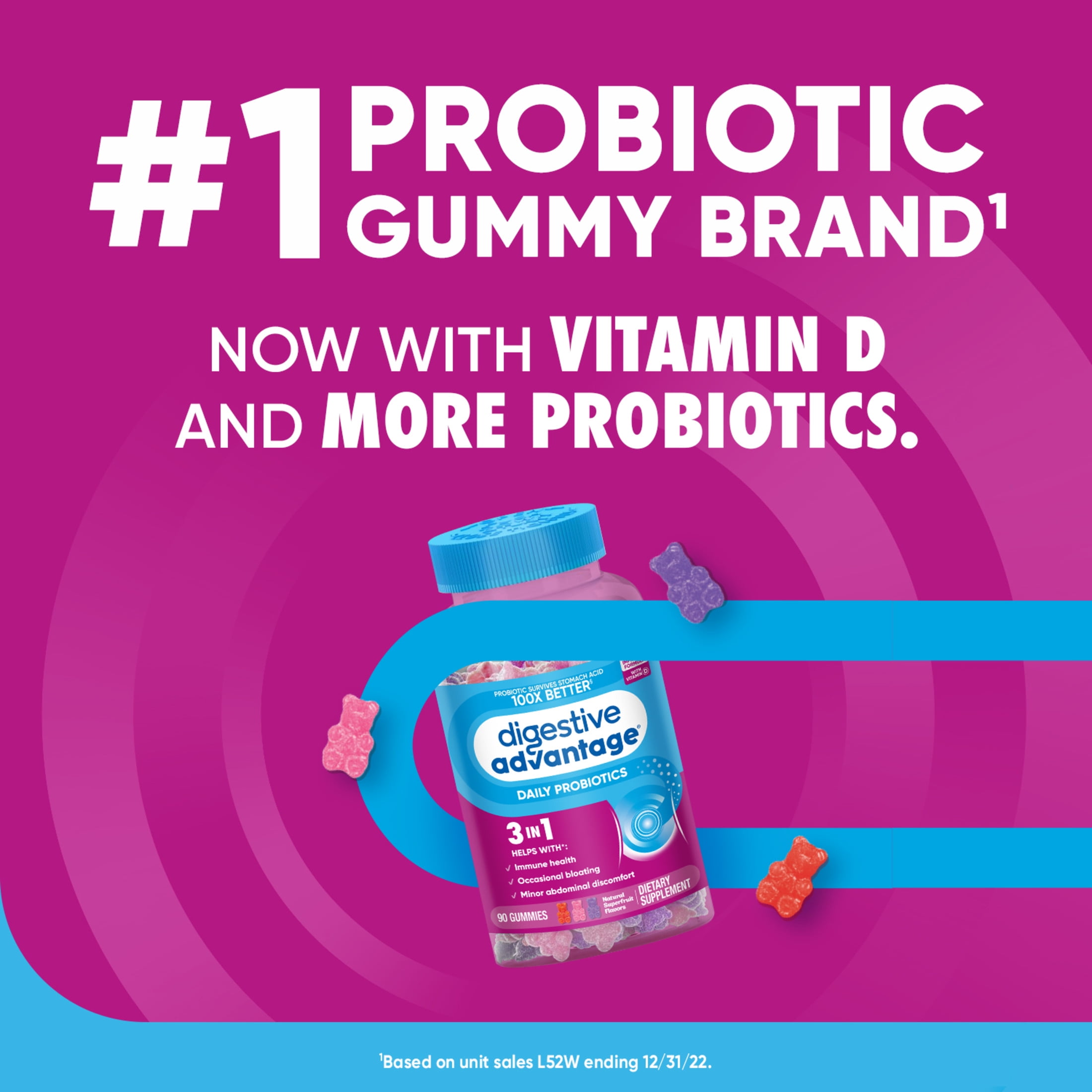 DIGESTIVE ADVANTAGE DAILY PROBIOTICS FOR WOMEN AND MEN, INTESTINAL HEALTH, NATURAL SUPERFRUIT FLAVORS, 90 GUMMIES