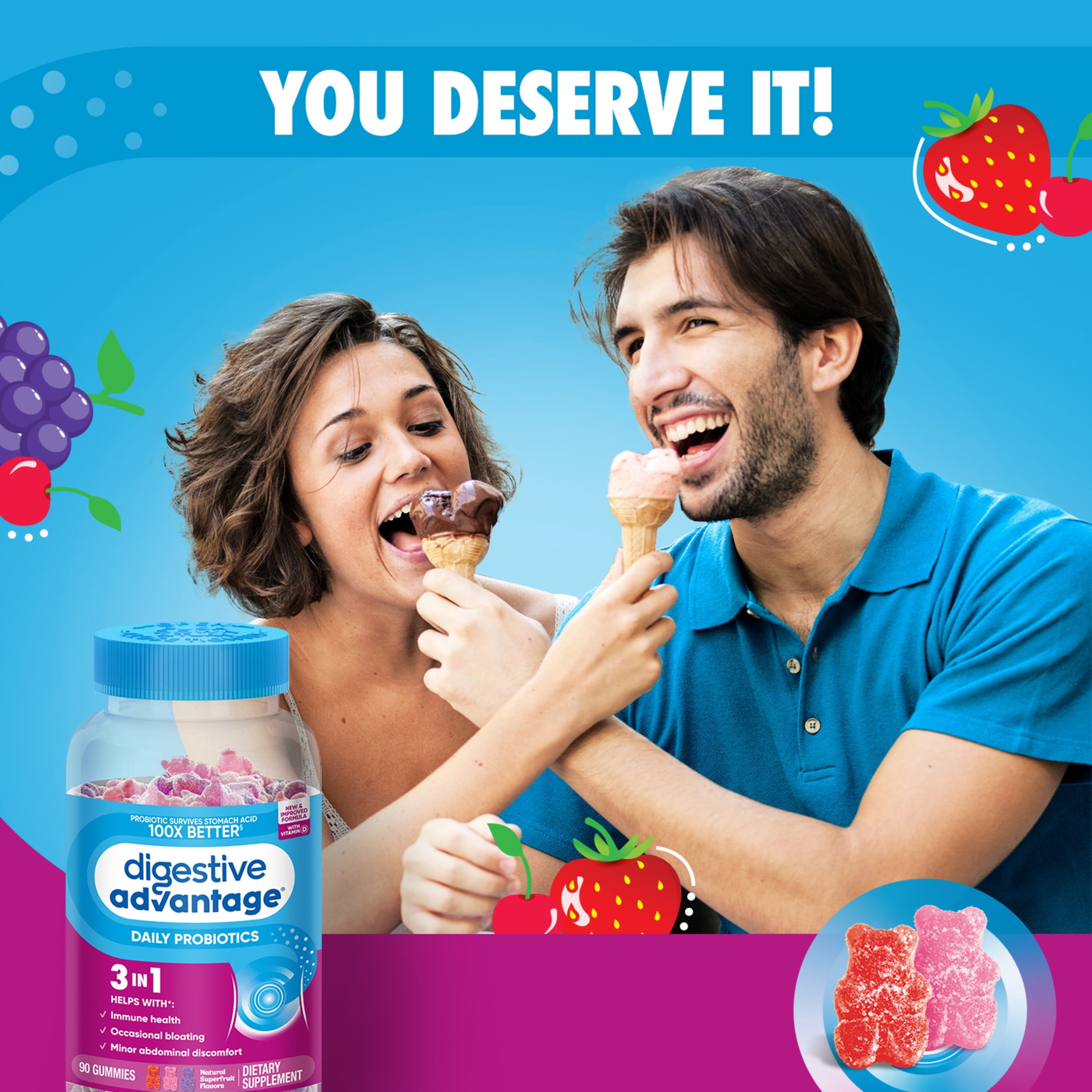 DIGESTIVE ADVANTAGE DAILY PROBIOTICS FOR WOMEN AND MEN, INTESTINAL HEALTH, NATURAL SUPERFRUIT FLAVORS, 90 GUMMIES