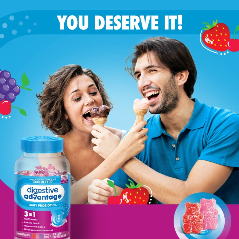 DIGESTIVE ADVANTAGE DAILY PROBIOTICS FOR WOMEN AND MEN, INTESTINAL HEALTH, NATURAL SUPERFRUIT FLAVORS, 90 GUMMIES