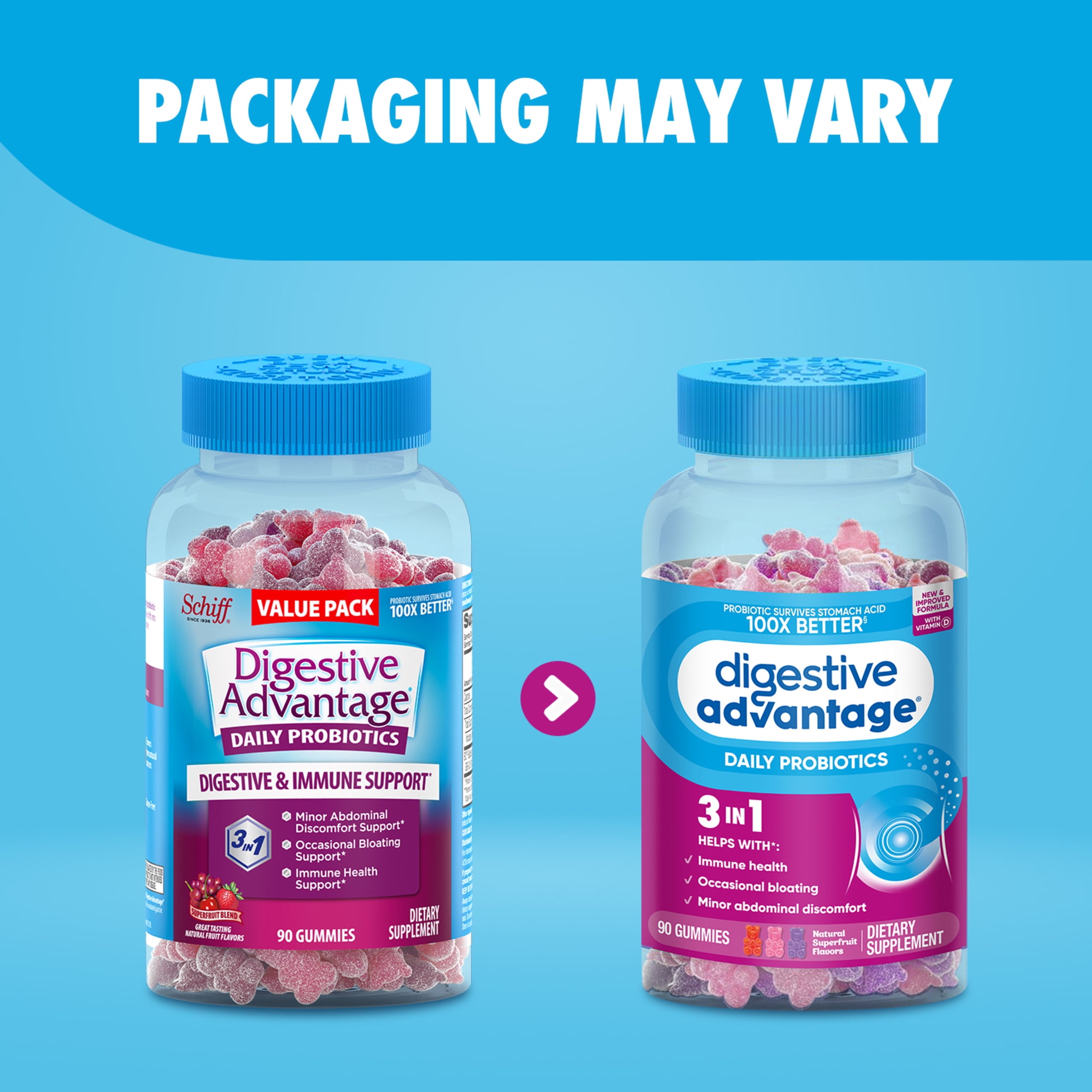 DIGESTIVE ADVANTAGE DAILY PROBIOTICS FOR WOMEN AND MEN, INTESTINAL HEALTH, NATURAL SUPERFRUIT FLAVORS, 90 GUMMIES
