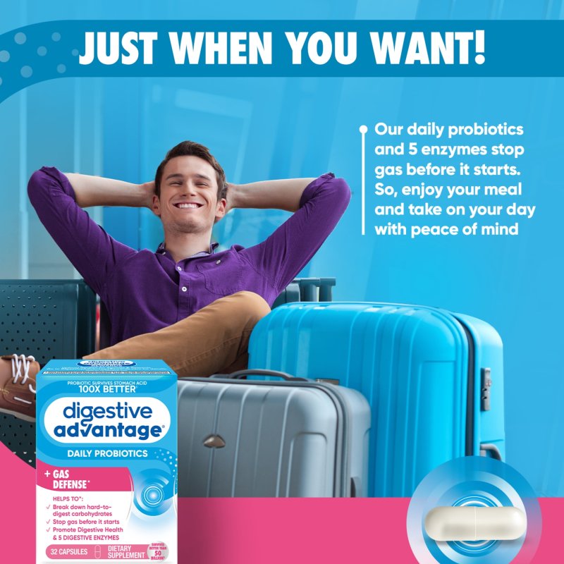 DIGESTIVE ADVANTAGE GAS DEFENSE PROBIOTICS FOR WOMEN MEN DIGESTIVE ENZYMES GUT HEALTH 32 CAPSULES
