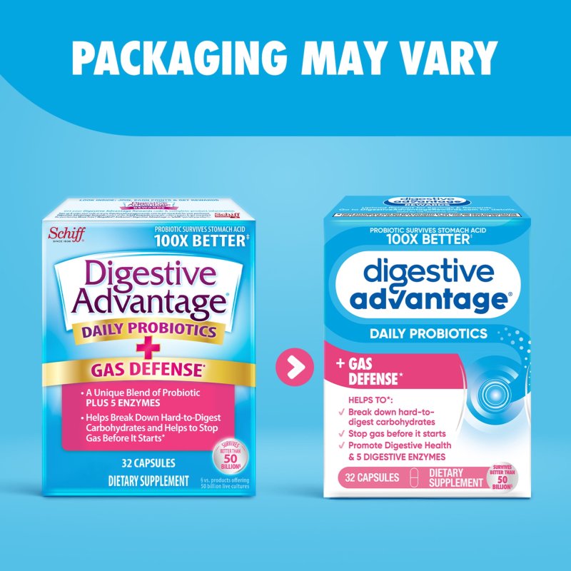 DIGESTIVE ADVANTAGE GAS DEFENSE PROBIOTICS FOR WOMEN MEN DIGESTIVE ENZYMES GUT HEALTH 32 CAPSULES