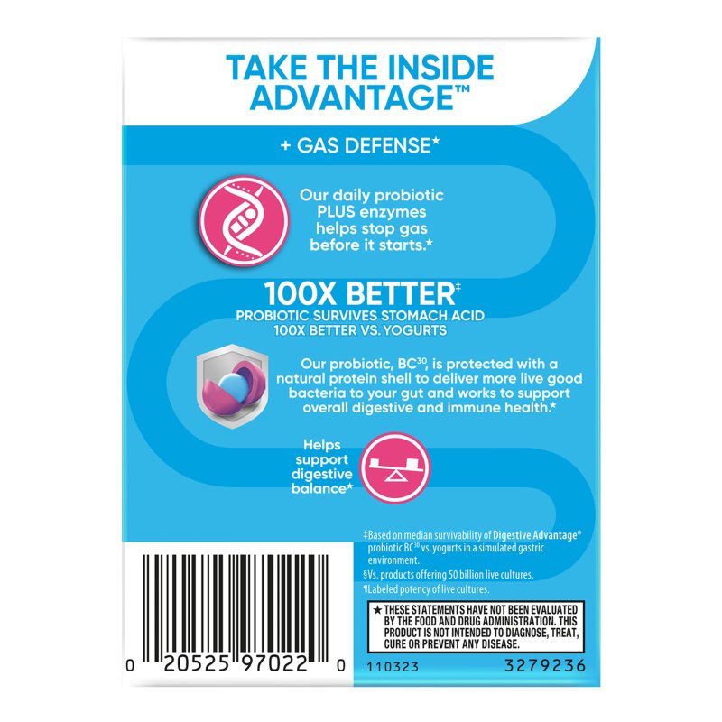 DIGESTIVE ADVANTAGE GAS DEFENSE PROBIOTICS FOR WOMEN MEN DIGESTIVE ENZYMES GUT HEALTH 32 CAPSULES