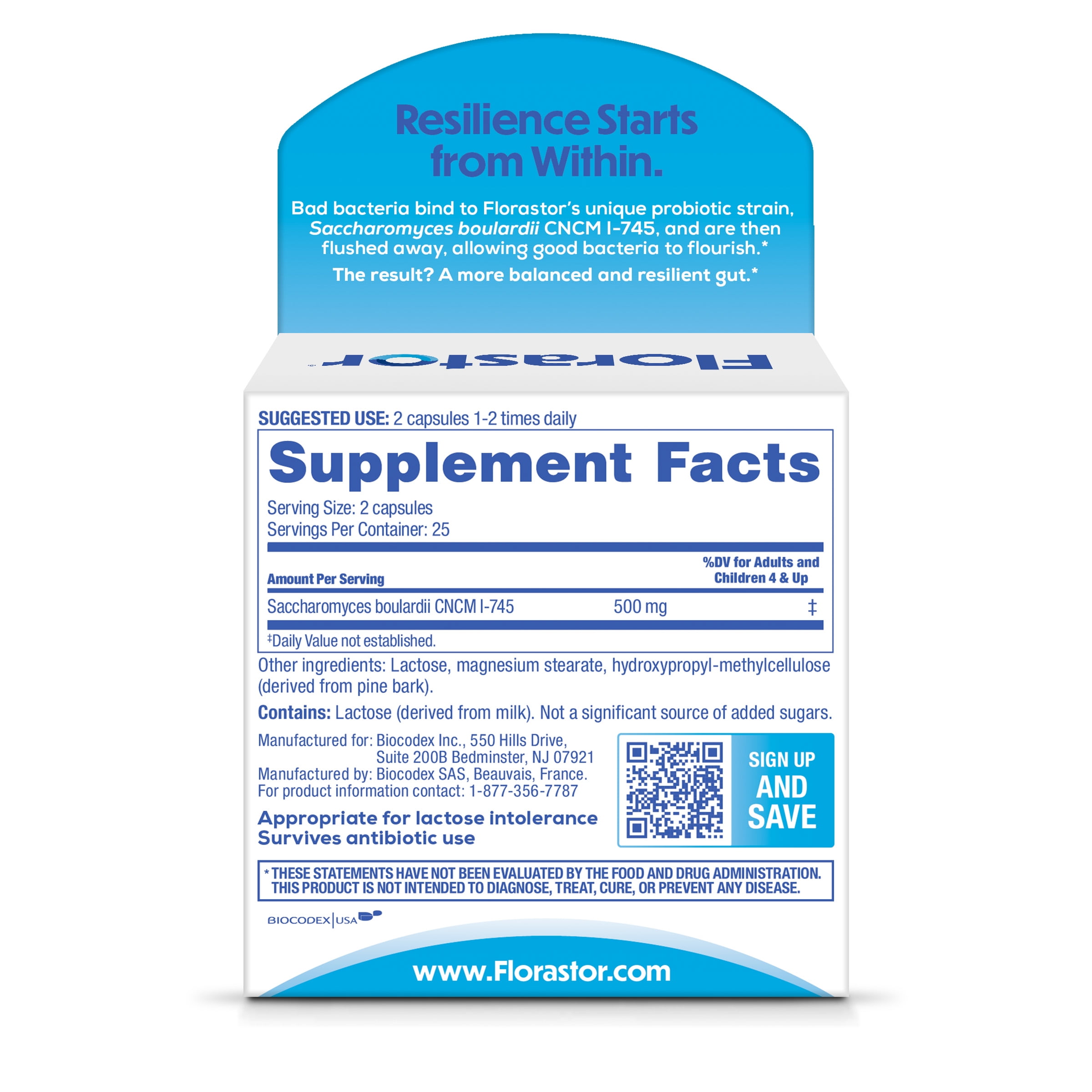 FLORASTOR DAILY PROBIOTIC CAPSULES 50 COUNT FOR DIGESTIVE HEALTH