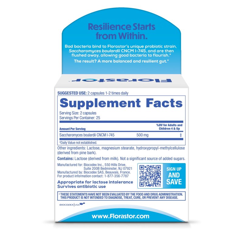 FLORASTOR DAILY PROBIOTIC CAPSULES 50 COUNT FOR DIGESTIVE HEALTH