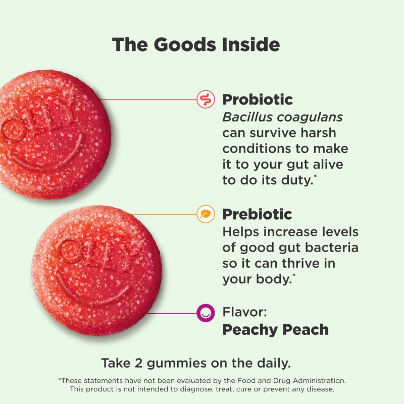 OLLY PROBIOTIC PREBIOTIC FIBER GUMMY DIGESTIVE GUT HEALTH SUPPLEMENT PEACH 30 CT