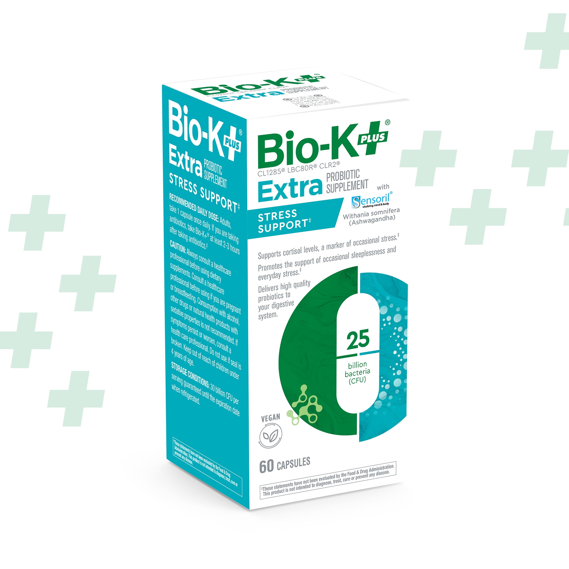 BIO-K+ EXTRA STRESS SUPPORT PROBIOTIC CAPSULES SHELF STABLE 25 BILLION CFU 60 COUNT