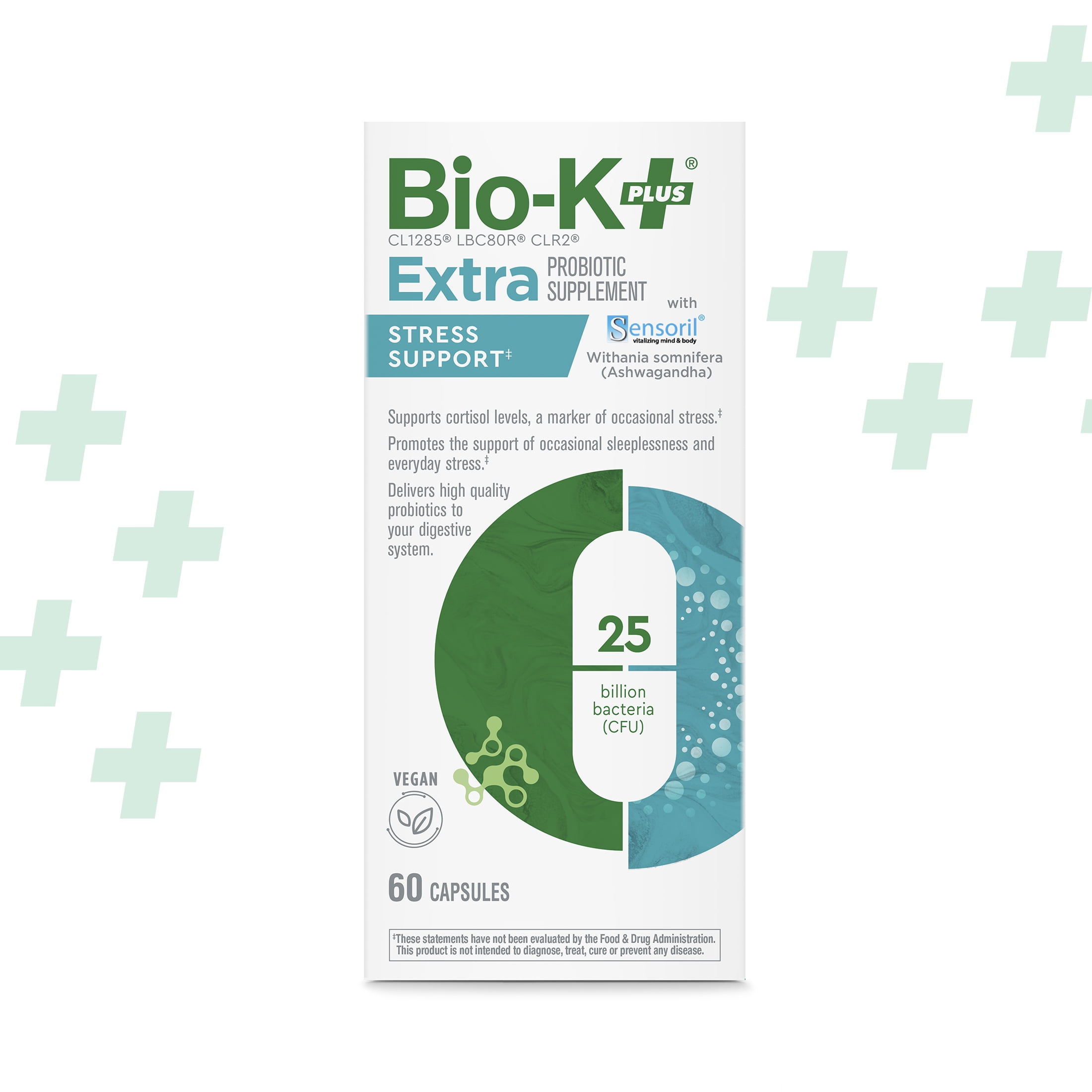 BIO-K+ EXTRA STRESS SUPPORT PROBIOTIC CAPSULES SHELF STABLE 25 BILLION CFU 60 COUNT