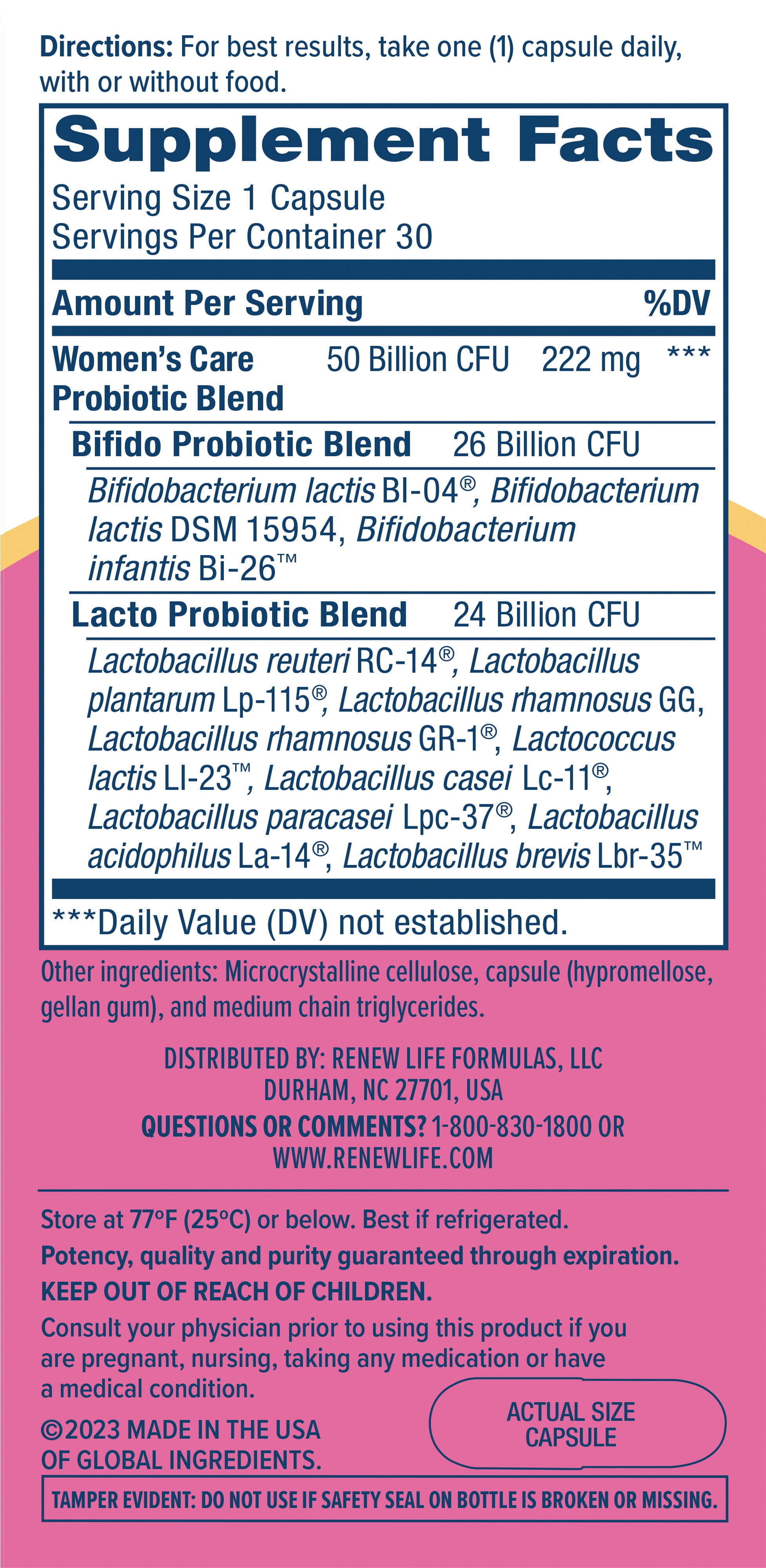 RENEW LIFE WOMEN'S VAGINAL PROBIOTIC SUPPLEMENT 50 BILLION CFU 30 VEGETARIAN CAPSULES