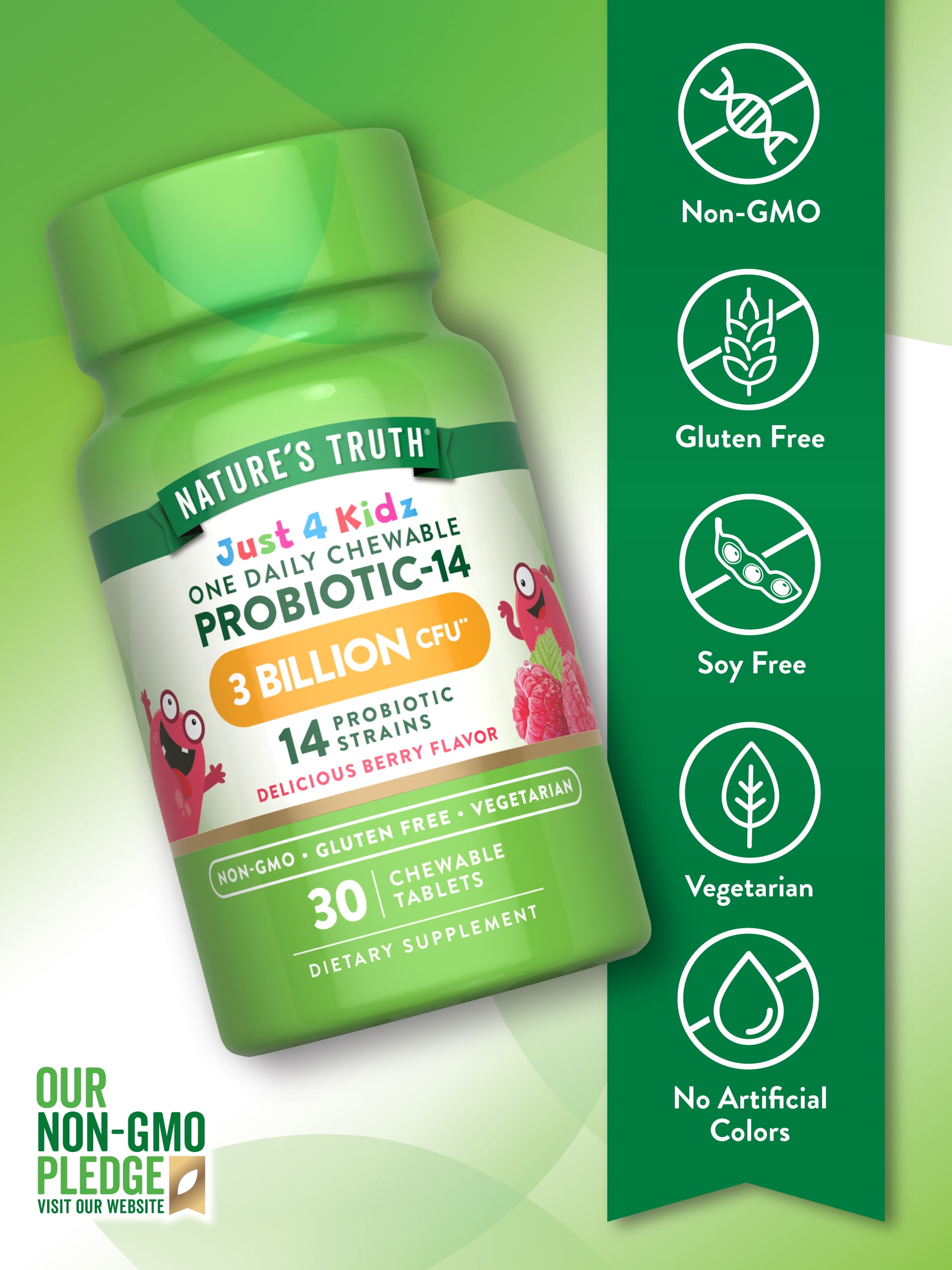 NATURE'S TRUTH KIDS PROBIOTIC CHEWABLE 3 BILLION CFU 30 COUNT 14 STRAINS BERRY FLAVOR