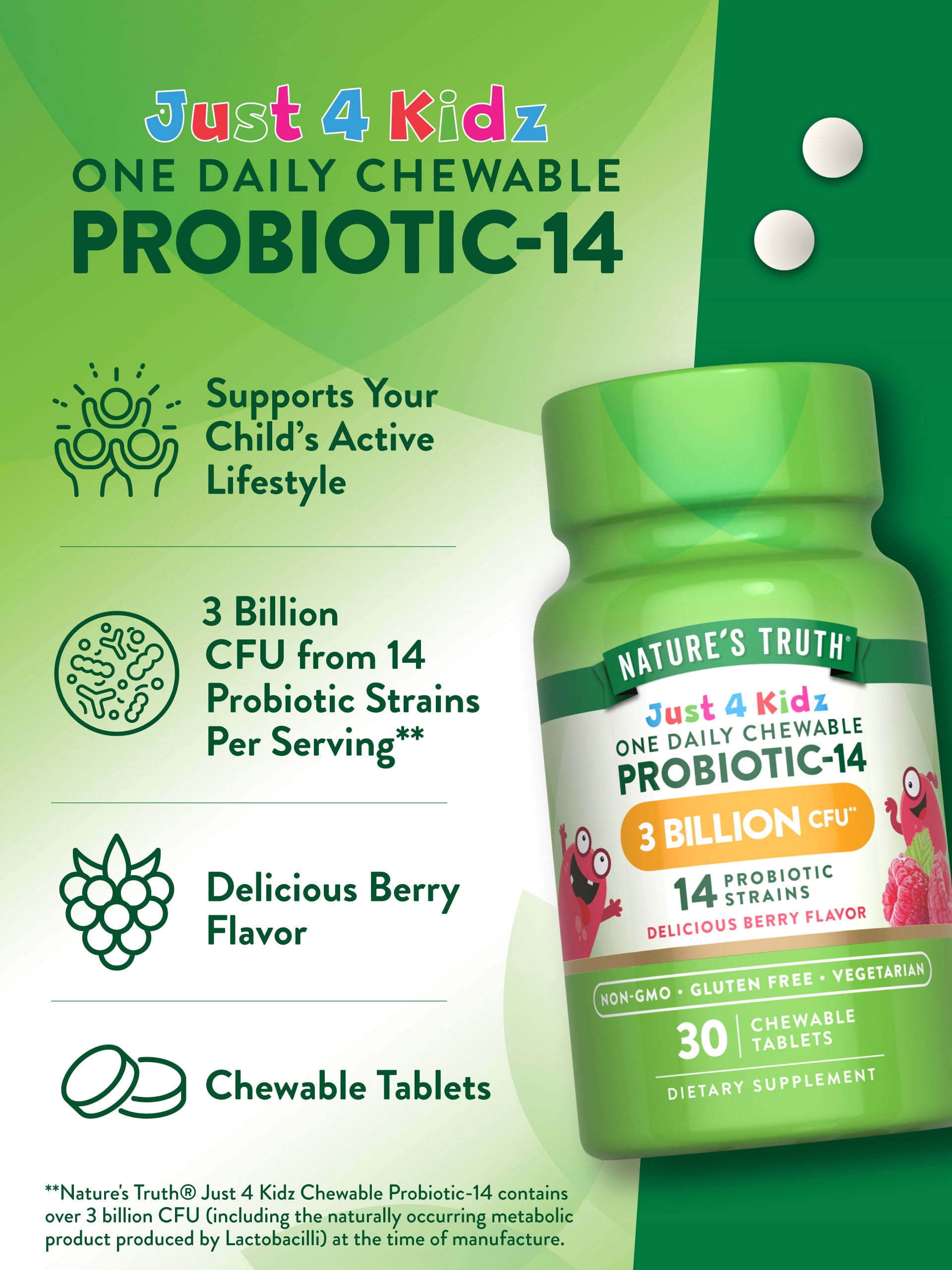 NATURE'S TRUTH KIDS PROBIOTIC CHEWABLE 3 BILLION CFU 30 COUNT 14 STRAINS BERRY FLAVOR
