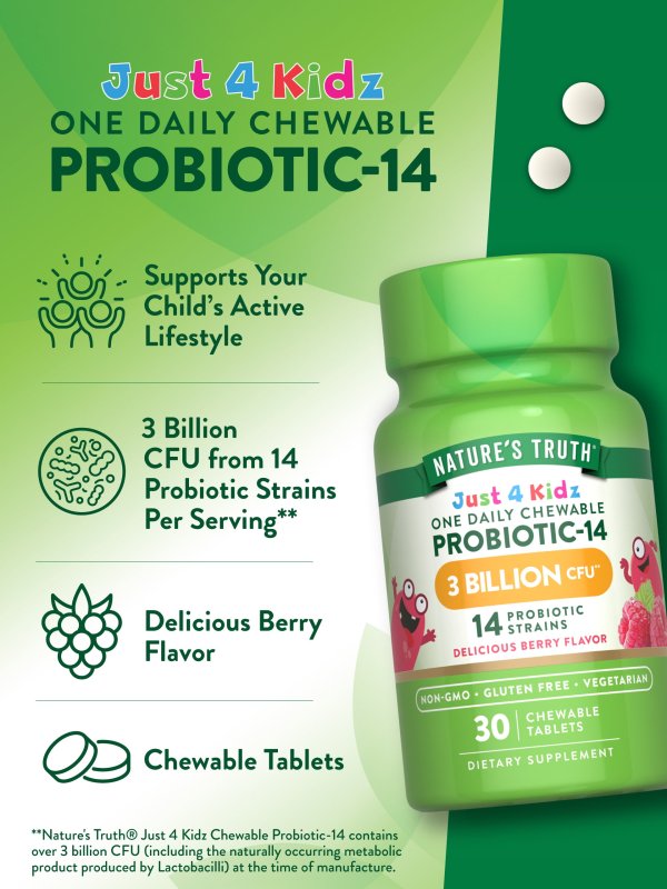 NATURE'S TRUTH KIDS PROBIOTIC CHEWABLE 3 BILLION CFU 30 COUNT 14 STRAINS BERRY FLAVOR
