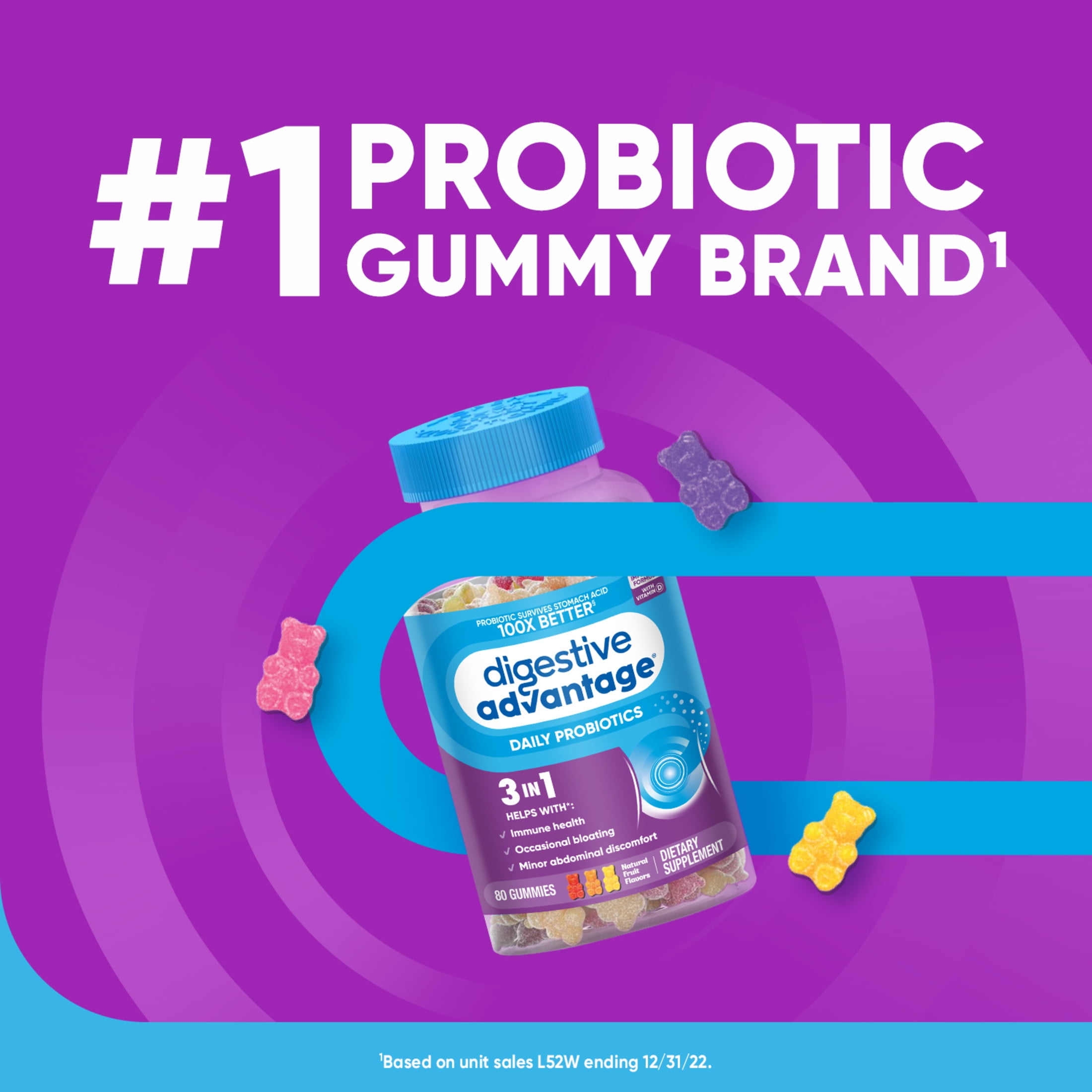 DIGESTIVE ADVANTAGE PROBIOTIC GUMMIES FOR MEN AND WOMEN GUT HEALTH NATURAL FRUIT FLAVORS 80 COUNT