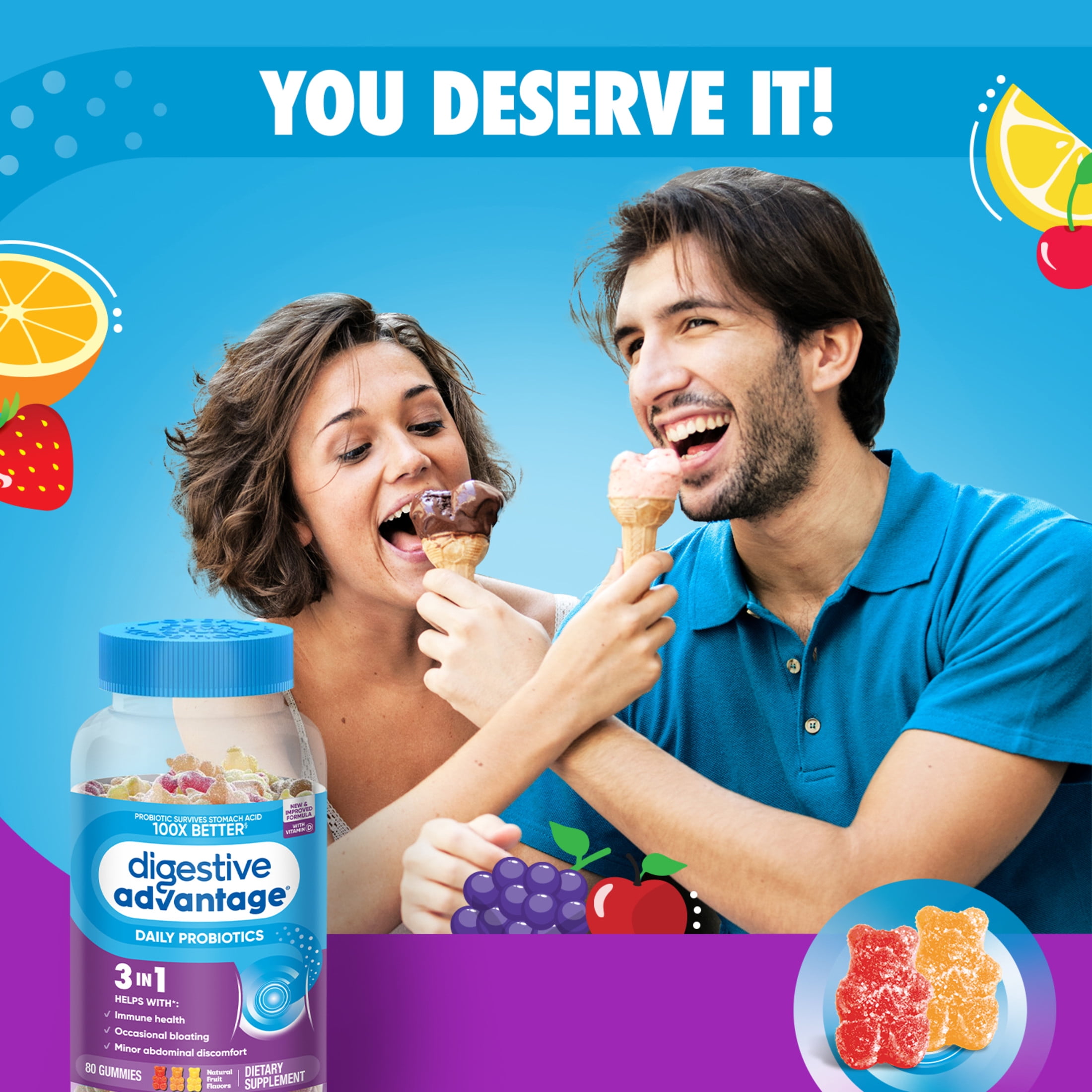 DIGESTIVE ADVANTAGE PROBIOTIC GUMMIES FOR MEN AND WOMEN GUT HEALTH NATURAL FRUIT FLAVORS 80 COUNT