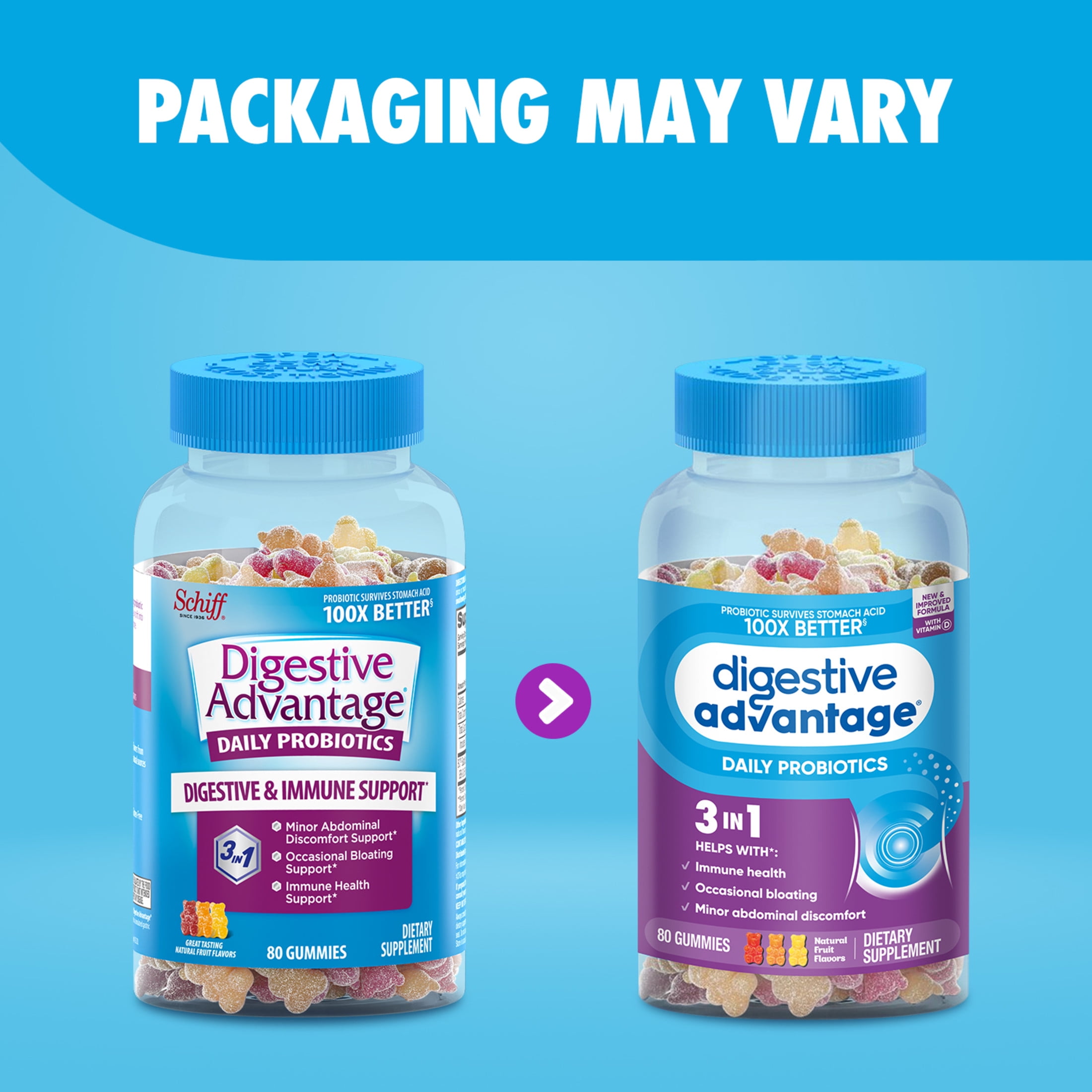 DIGESTIVE ADVANTAGE PROBIOTIC GUMMIES FOR MEN AND WOMEN GUT HEALTH NATURAL FRUIT FLAVORS 80 COUNT