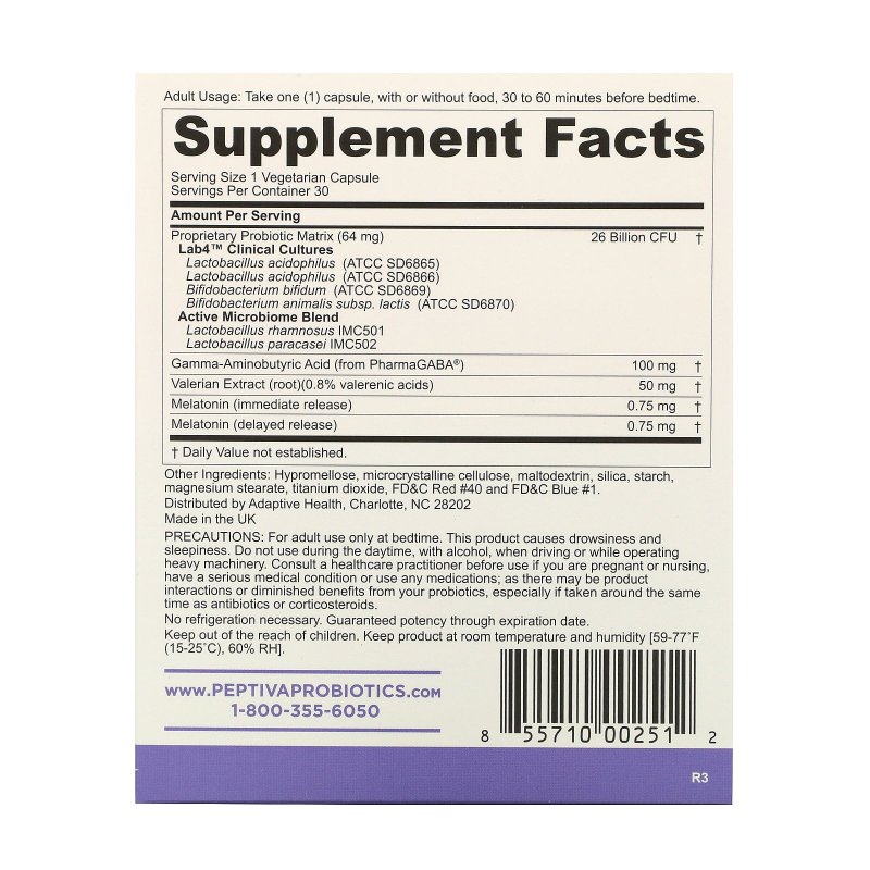 PEPTIVA PROBIOTIC SLEEP SUPPORT 26 BILLION CFU MULTI-STRAIN LACTOBACILLUS ACIDOPHILUS BIFIDOBACTERIUM MELATONIN 30CT