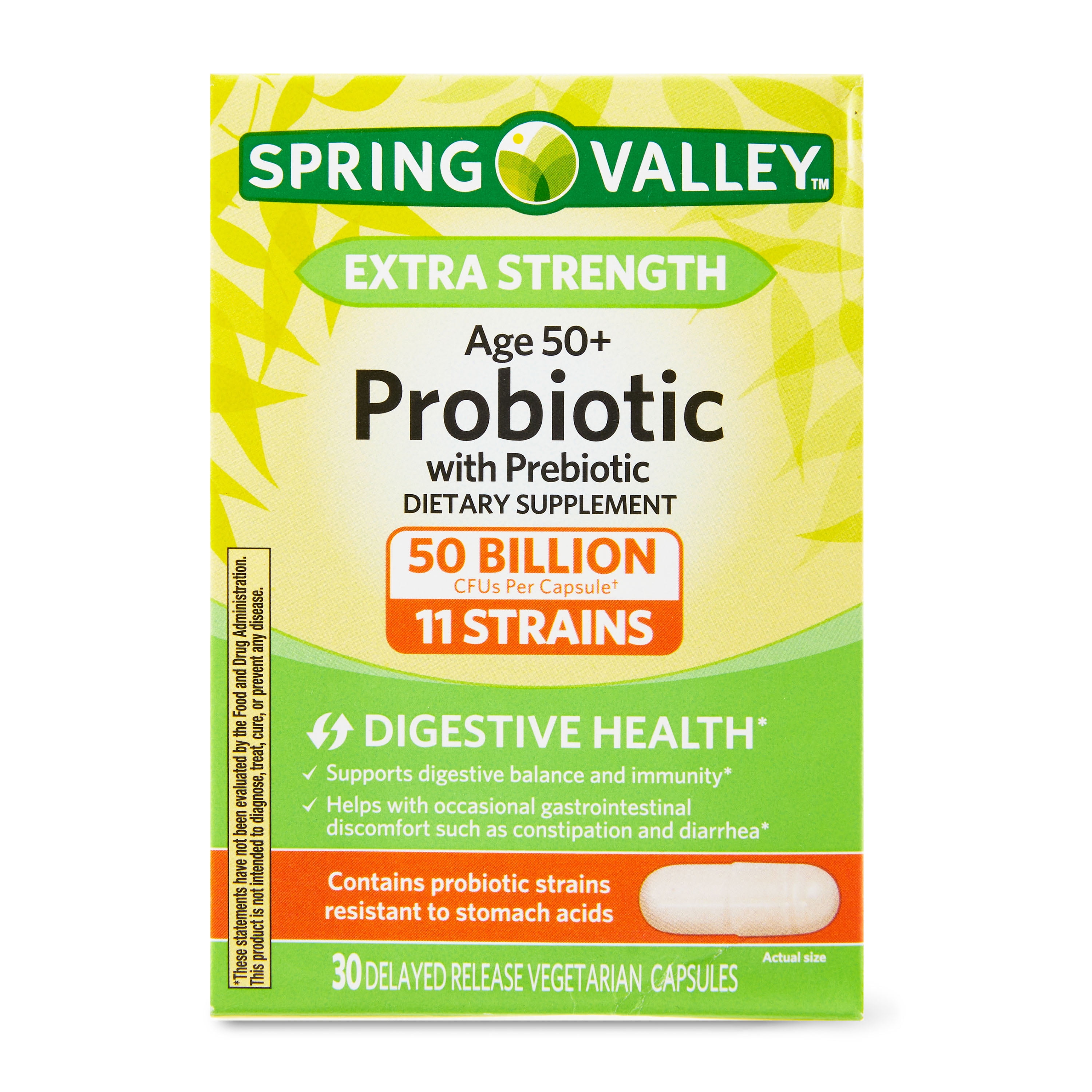 SPRING VALLEY EXTRA STRENGTH AGE 50 PLUS PROBIOTIC PREBIOTIC DIGESTIVE HEALTH CAPSULES 30 COUNT