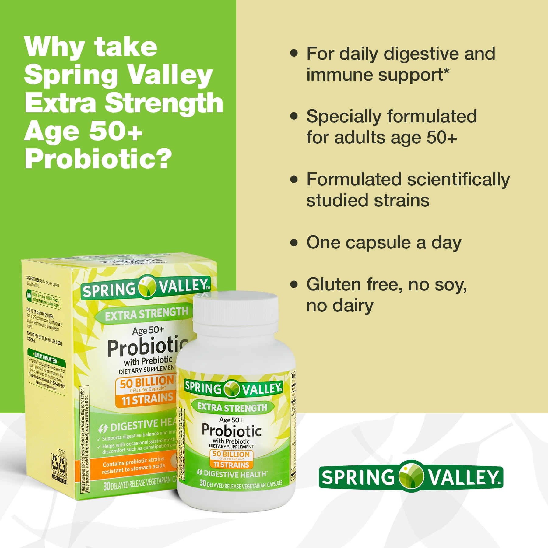 SPRING VALLEY EXTRA STRENGTH AGE 50 PLUS PROBIOTIC PREBIOTIC DIGESTIVE HEALTH CAPSULES 30 COUNT