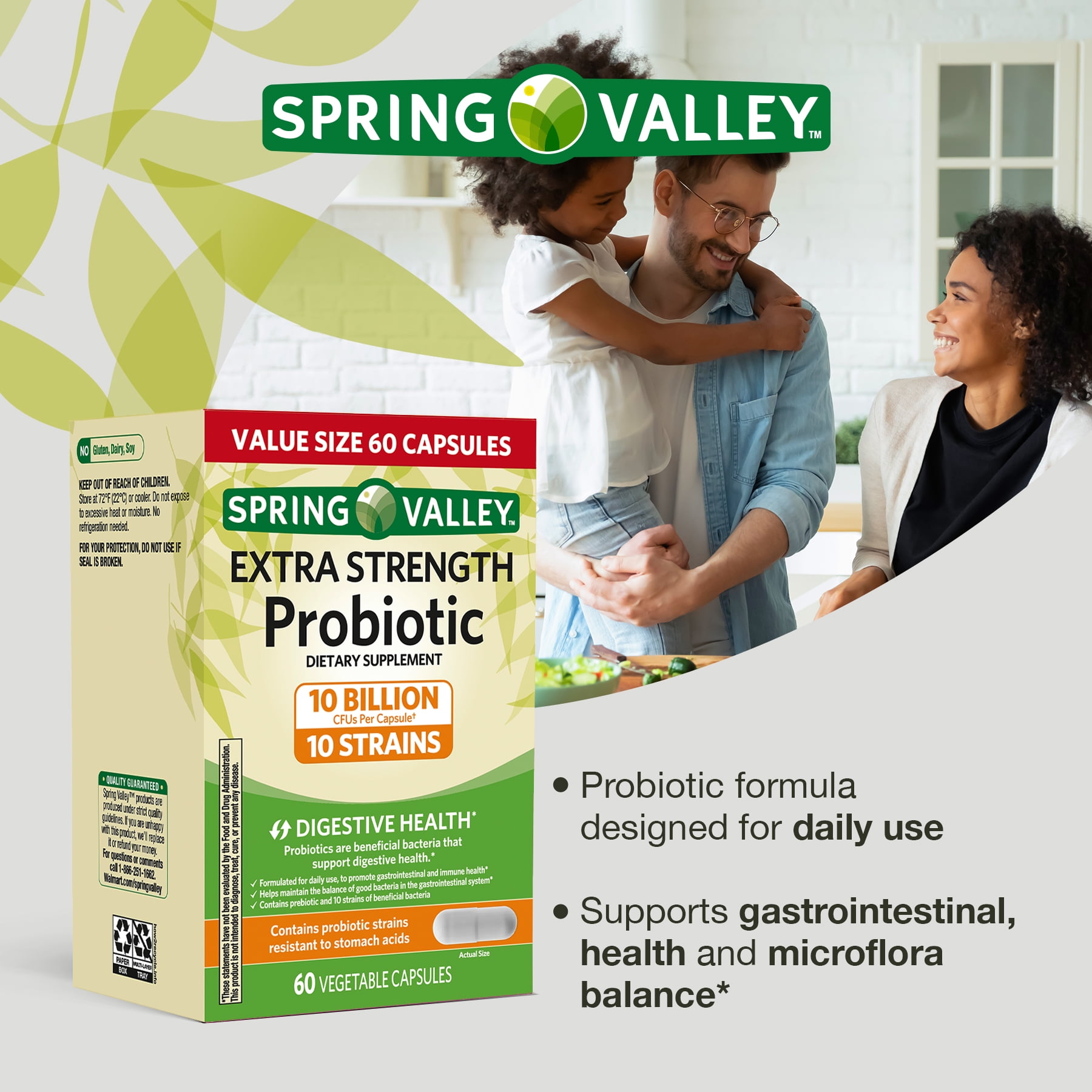 SPRING VALLEY EXTRA STRENGTH PROBIOTIC VEGETABLE CAPSULES 10B CFU 60 CT