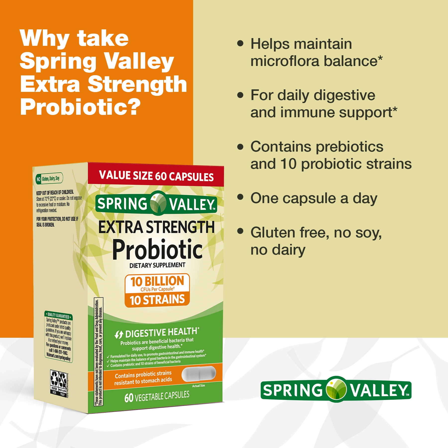 SPRING VALLEY PROBIOTIC VEGETABLE CAPSULES EXTRA STRENGTH 10B CFU 60 COUNT