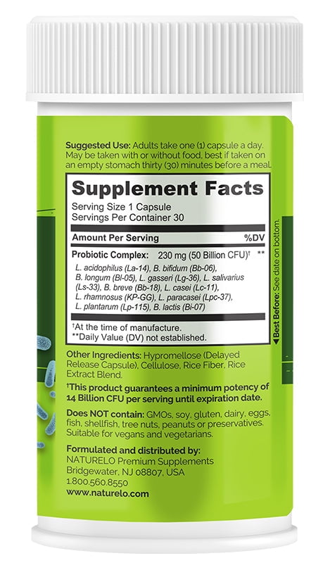 NATURELO PROBIOTICS 50 BILLION CFU DIGESTIVE HEALTH 11 STRAINS IMMUNE SYSTEM 30 VEGETARIAN CAPSULES
