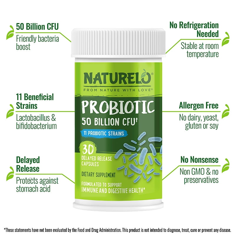 NATURELO PROBIOTICS 50 BILLION CFU DIGESTIVE HEALTH 11 STRAINS IMMUNE SYSTEM 30 VEGETARIAN CAPSULES