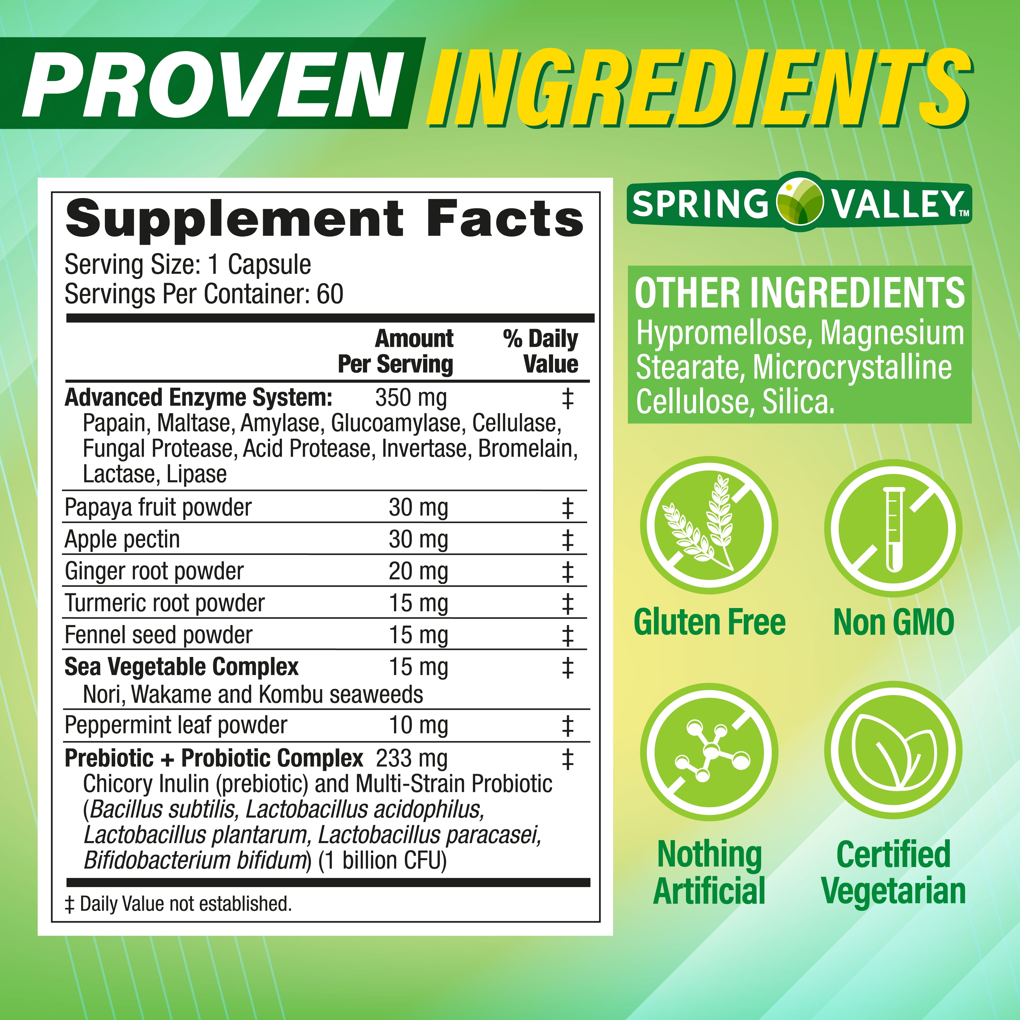 SPRING VALLEY ADVANCED DIGESTIVE ENZYMES 60 COUNT FOR IMPROVED GUT HEALTH AND DIGESTION