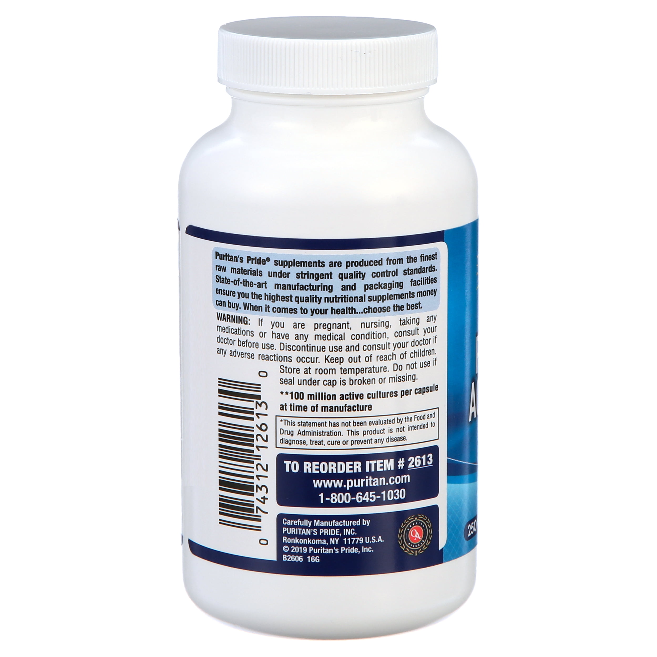 PURITANS PRIDE ACIDOPHILUS PROBIOTIC SUPPLEMENT 250 COUNT