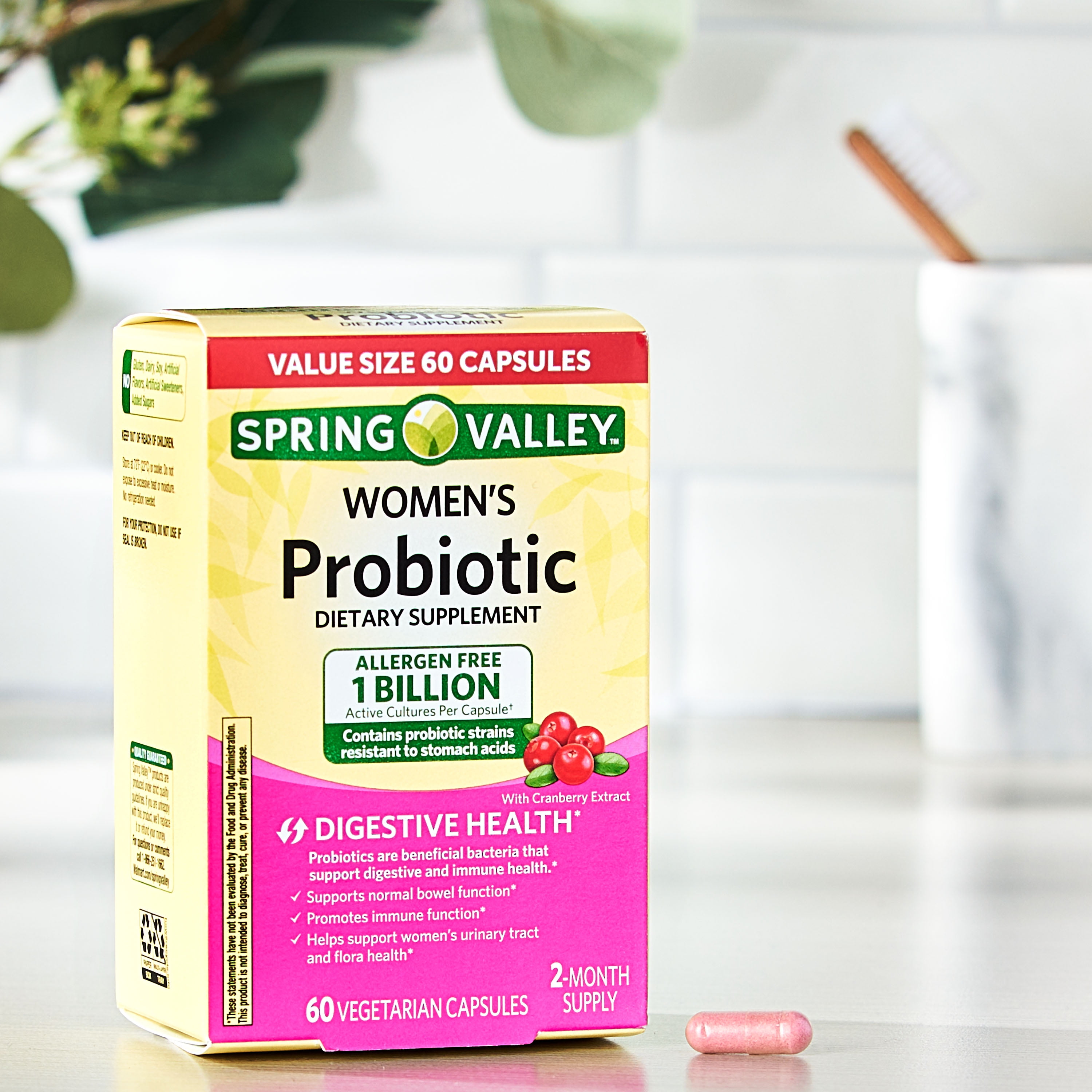 SPRING VALLEY WOMEN'S PROBIOTIC DIGESTIVE HEALTH CRANBERRY CAPSULES 60 COUNT VALUE SIZE