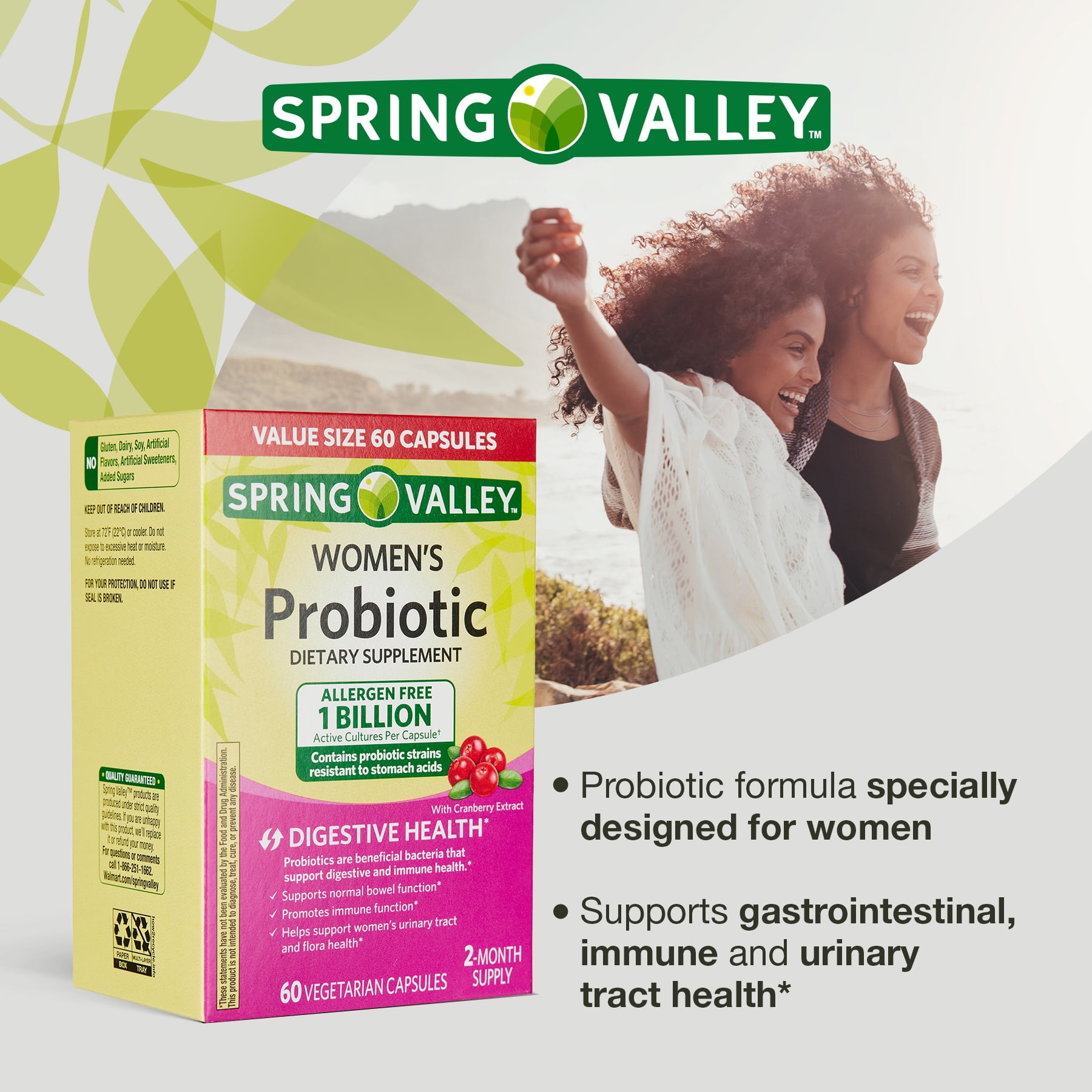SPRING VALLEY WOMEN'S PROBIOTIC DIGESTIVE HEALTH CRANBERRY CAPSULES 60 COUNT VALUE SIZE