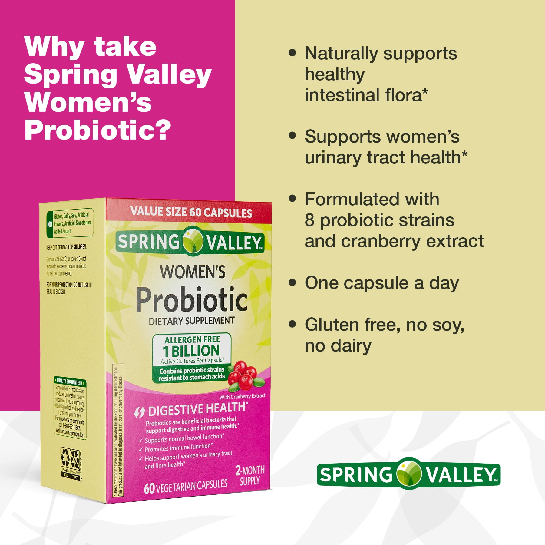 SPRING VALLEY WOMEN'S PROBIOTIC DIGESTIVE HEALTH CRANBERRY CAPSULES 60 COUNT VALUE SIZE
