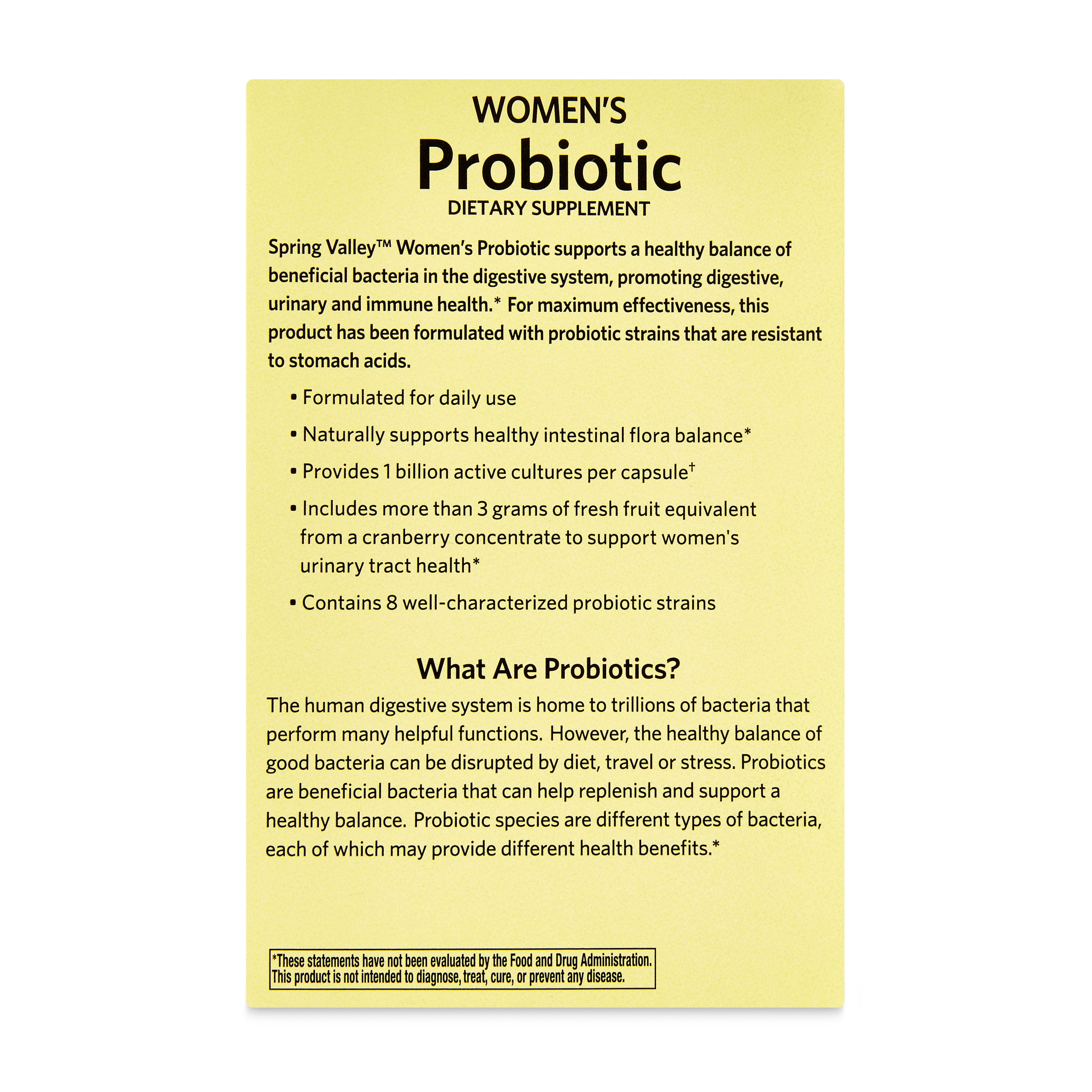 SPRING VALLEY WOMEN'S PROBIOTIC DIGESTIVE HEALTH CRANBERRY CAPSULES 60 COUNT VALUE SIZE