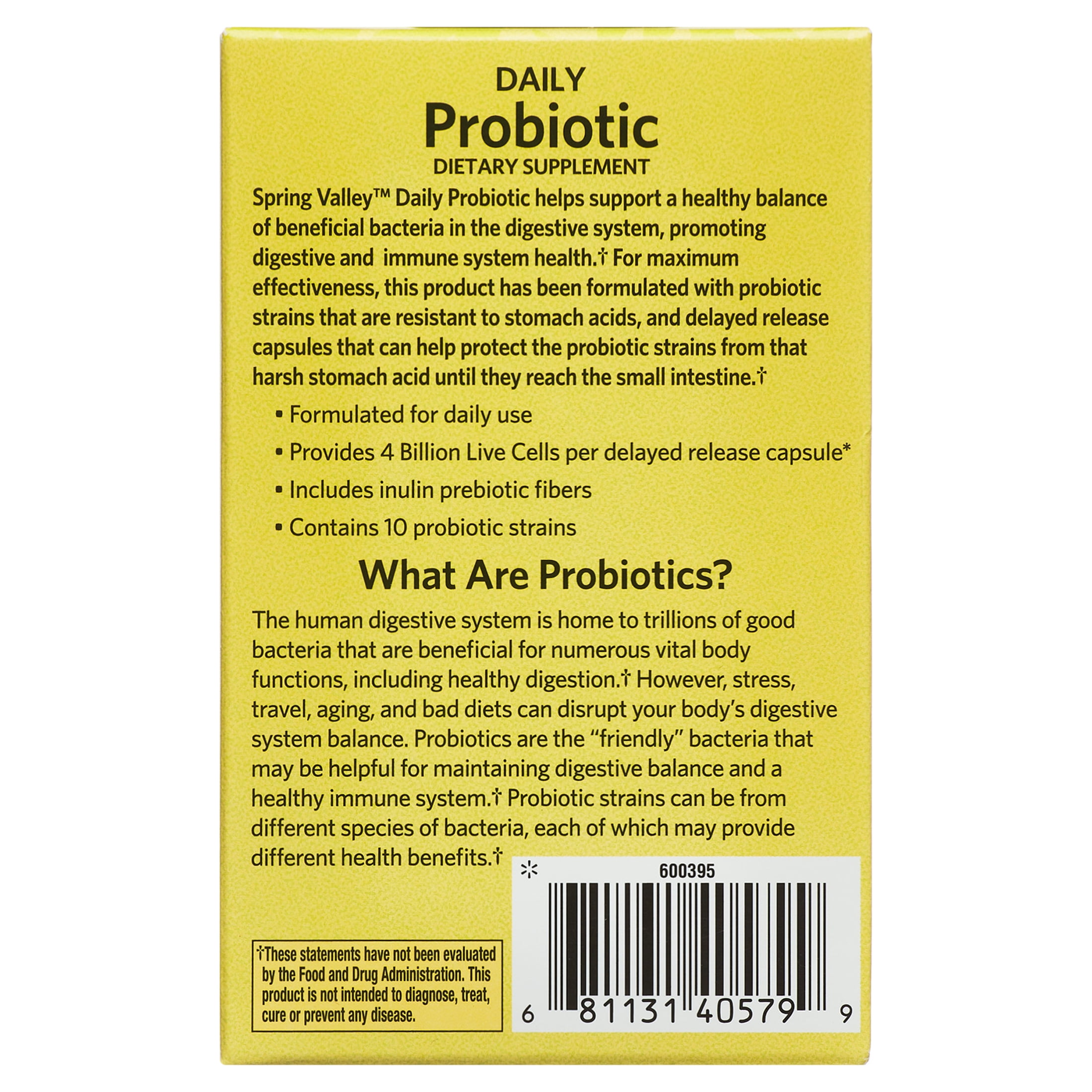 SPRING VALLEY DAILY PROBIOTIC SUPPLEMENT DELAYED RELEASE CAPSULES DIGESTIVE CONCERNS 60 COUNT