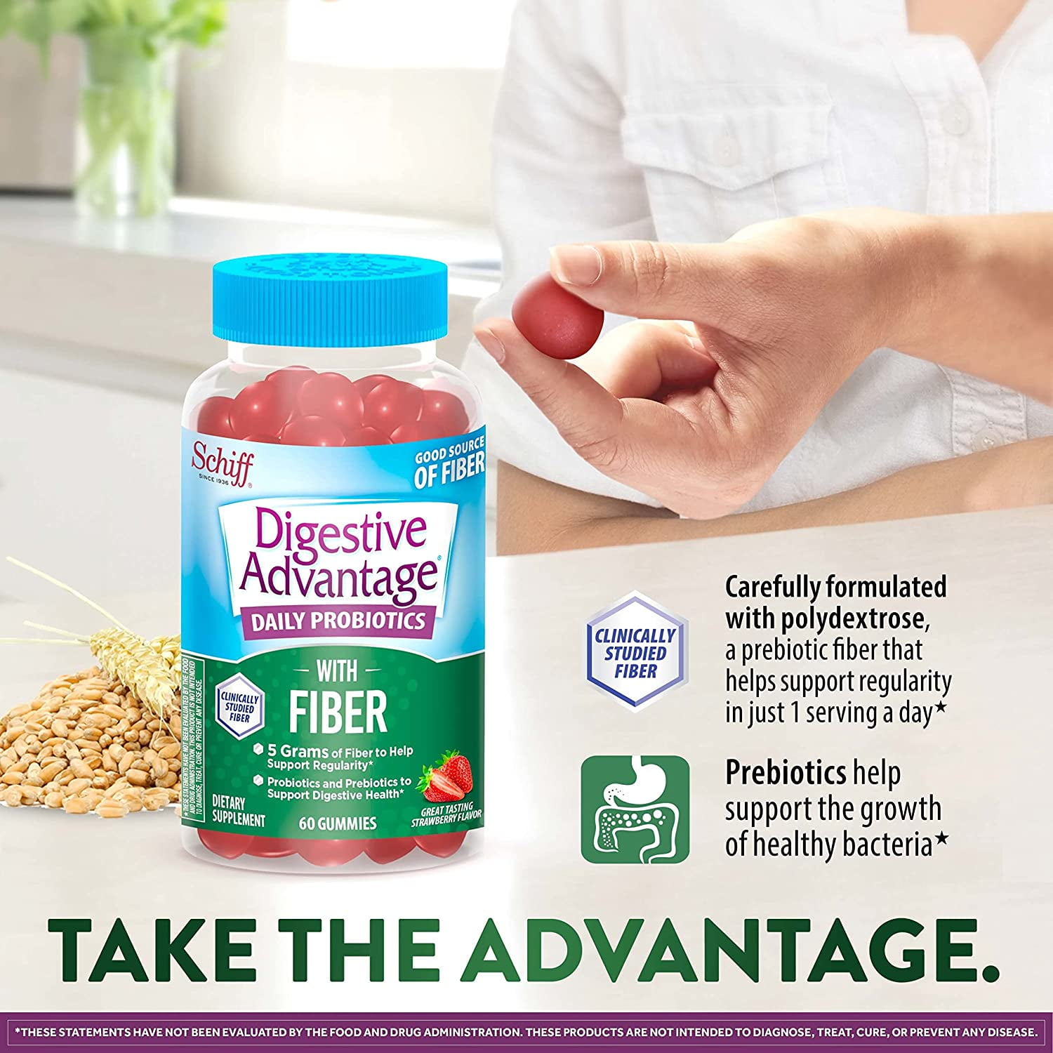 DIGESTIVE ADVANTAGE PROBIOTIC PREBIOTIC GUMMIES STRAWBERRY FLAVOR 60 COUNT PACK OF 2