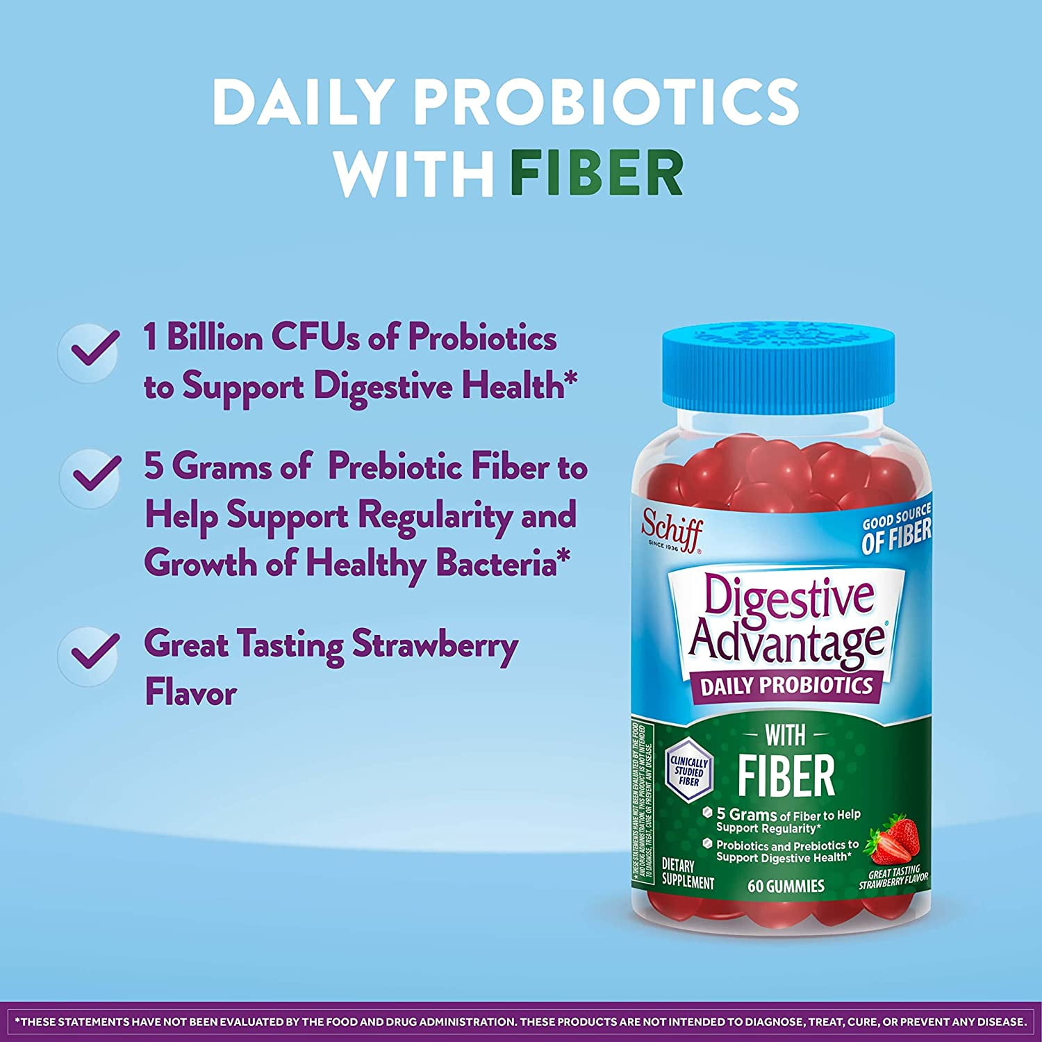 DIGESTIVE ADVANTAGE PROBIOTIC PREBIOTIC GUMMIES STRAWBERRY FLAVOR 60 COUNT PACK OF 2