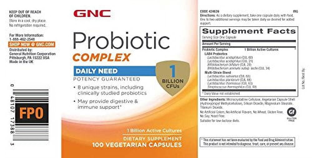 GNC PROBIOTIC COMPLEX DAILY SUPPORT 1 BILLION CFUS 100 CAPSULES