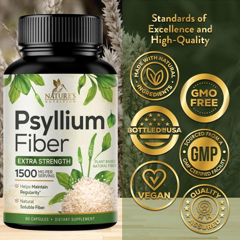 NATURE'S NUTRITION PSYLLIUM HUSK CAPSULES 1500MG NATURAL FIBER DIGESTION COLON HEALTH & REGULARITY NON-GMO GLUTEN FREE 60 VEG CAPSULES