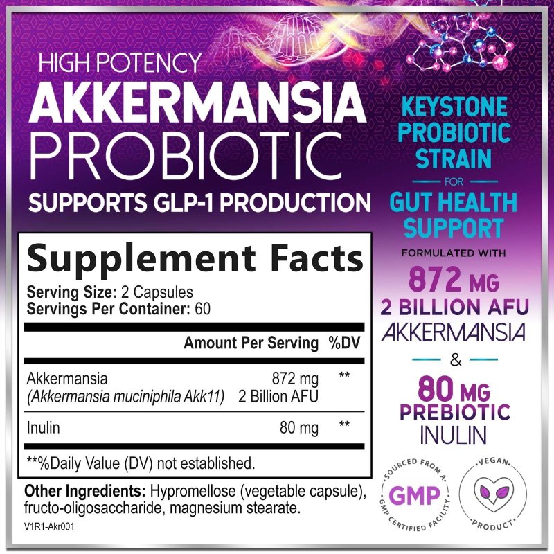AKKERMANSIA PROBIOTIC INULIN FIBER SUPPLEMENT 2 BILLION AFU FOR GLP-1, DIGESTIVE HEALTH, IMMUNE SUPPORT 120 CAPSULES