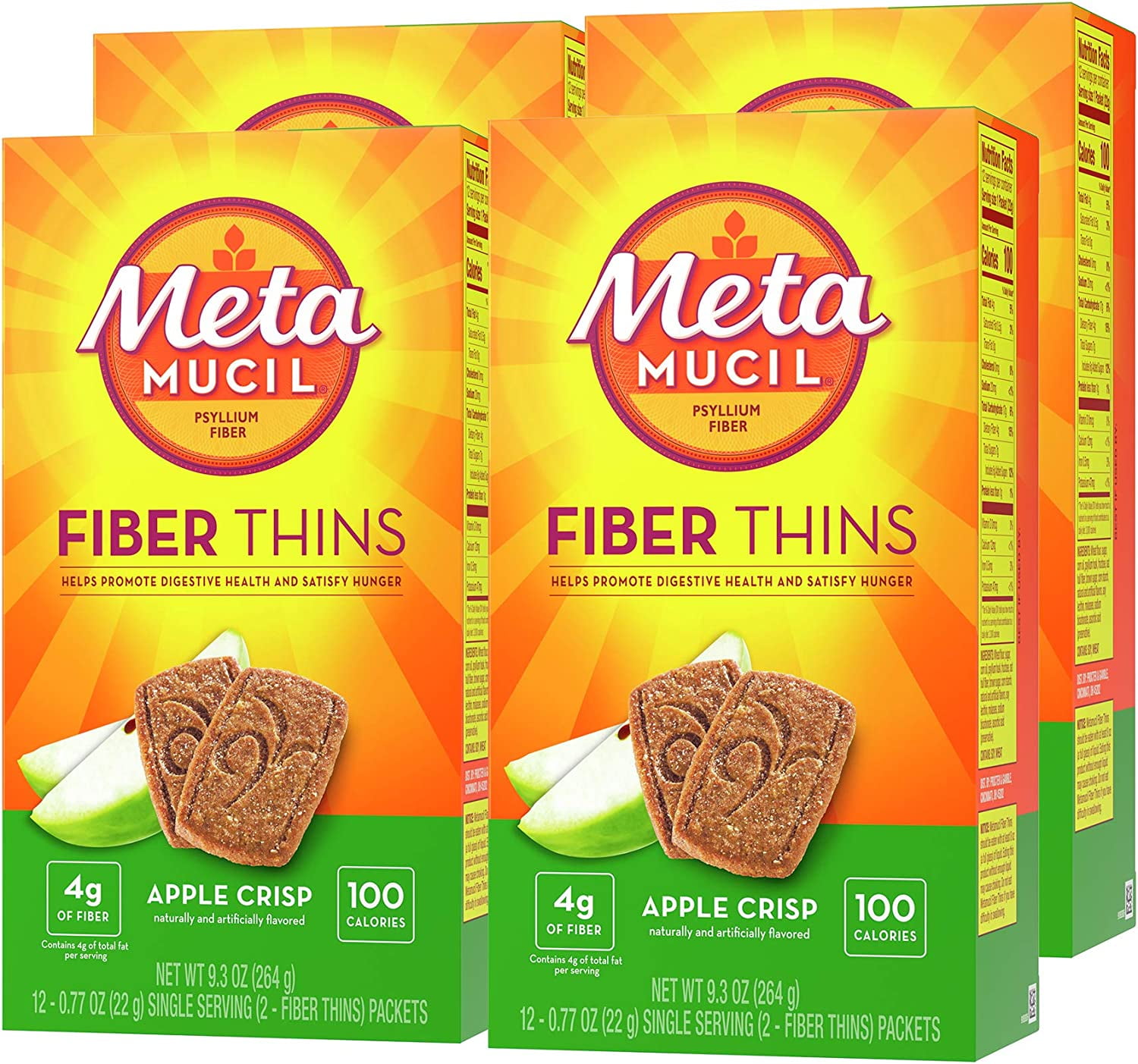 META MUCIL FIBER THINS DAILY PSYLLIUM HUSK SUPPLEMENT FOR DIGESTIVE HEALTH, APPLE CRISP FLAVOR, 12 COUNT X 4 PACK