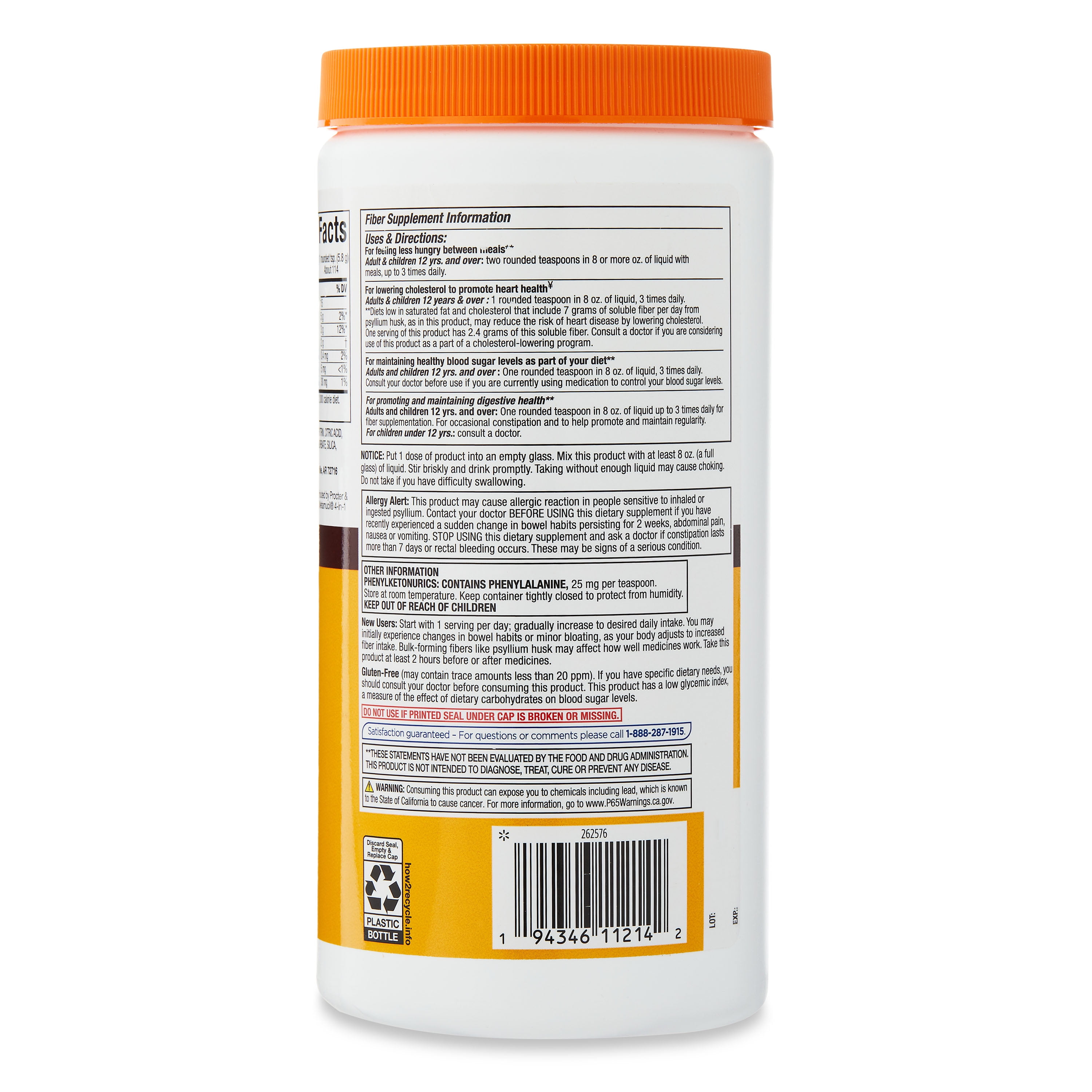 EQUATE DAILY FIBER SUPPLEMENT PSYLLIUM HUSK ORANGE POWDER SUGAR-FREE 114 DOSES