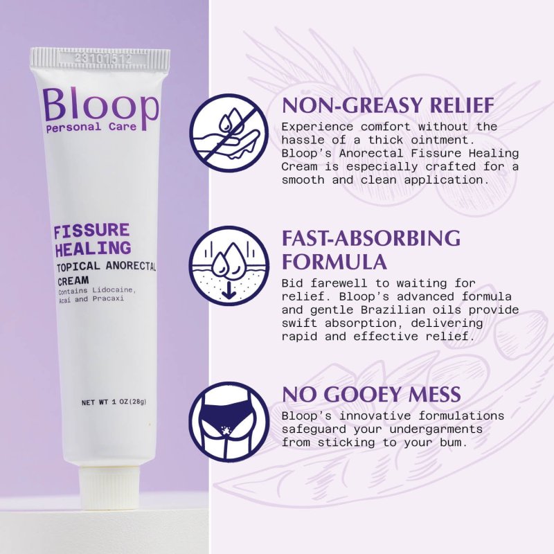 BLOOP ANORECTAL FISSURE CREAM 5% LIDOCAINE ACAI PRACAXI OILS MAX STRENGTH RAPID PAIN RELIEF 1OZ