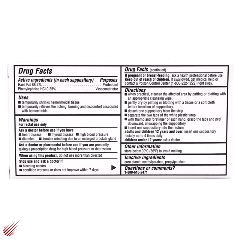 MAJOR FAST ACTING HEMORRHOIDAL SUPPOSITORIES WITH 88.7% HARD FAT & PHENYLEPHRINE HCL 0.25% - PACK OF 12