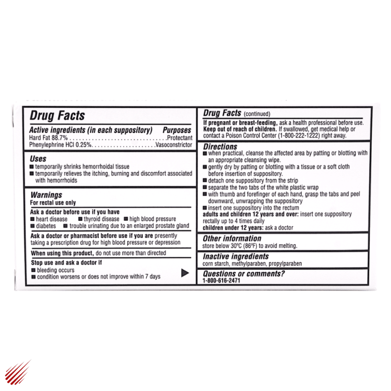 MAJOR FAST ACTING HEMORRHOIDAL SUPPOSITORIES WITH 88.7% HARD FAT & PHENYLEPHRINE HCL 0.25% - PACK OF 12