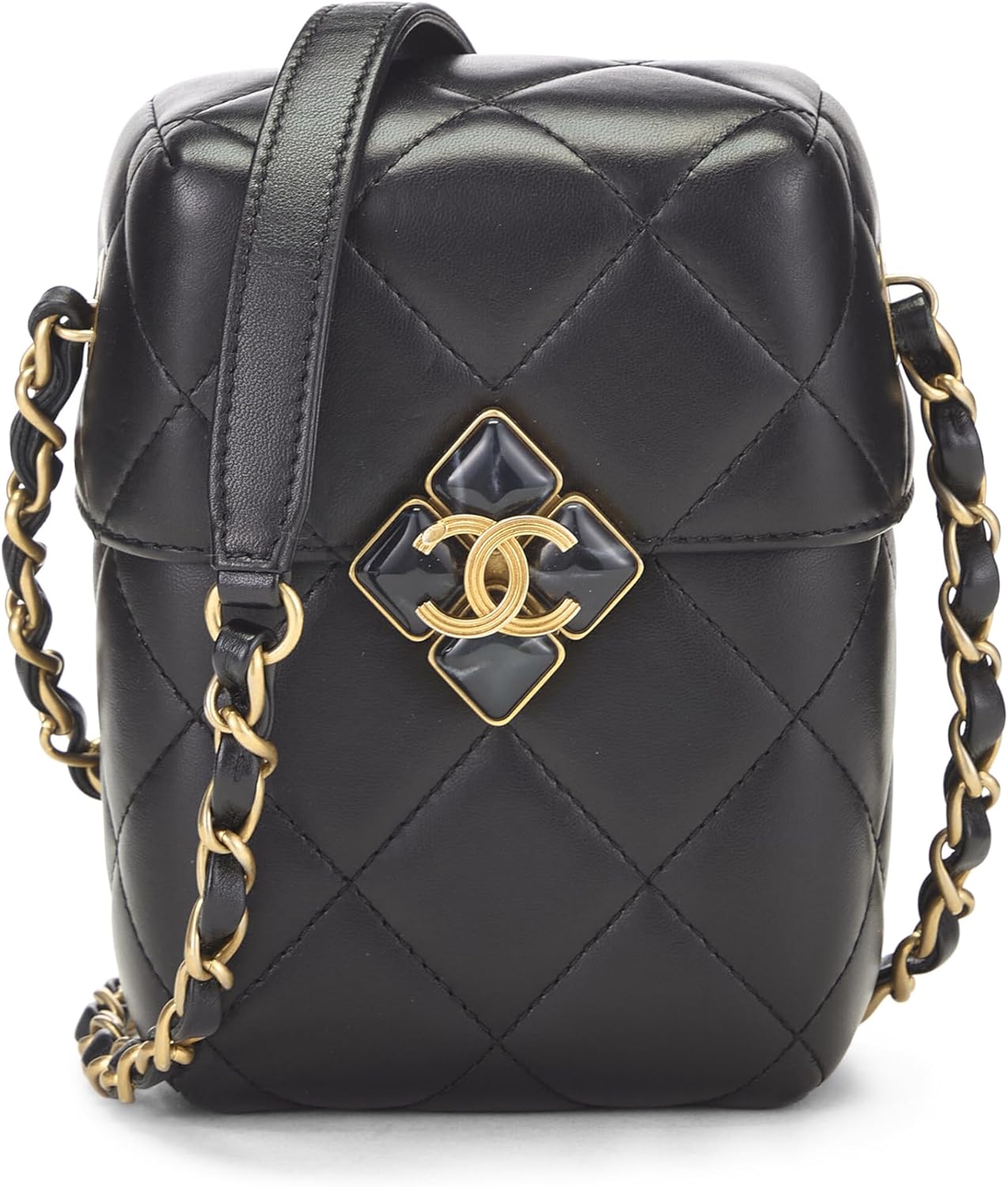 CHANEL PRE-LOVED BLACK LAMBSKIN DIAMOND LOCK PHONE HOLDER, BLACK