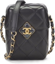 CHANEL PRE-LOVED BLACK LAMBSKIN DIAMOND LOCK PHONE HOLDER, BLACK