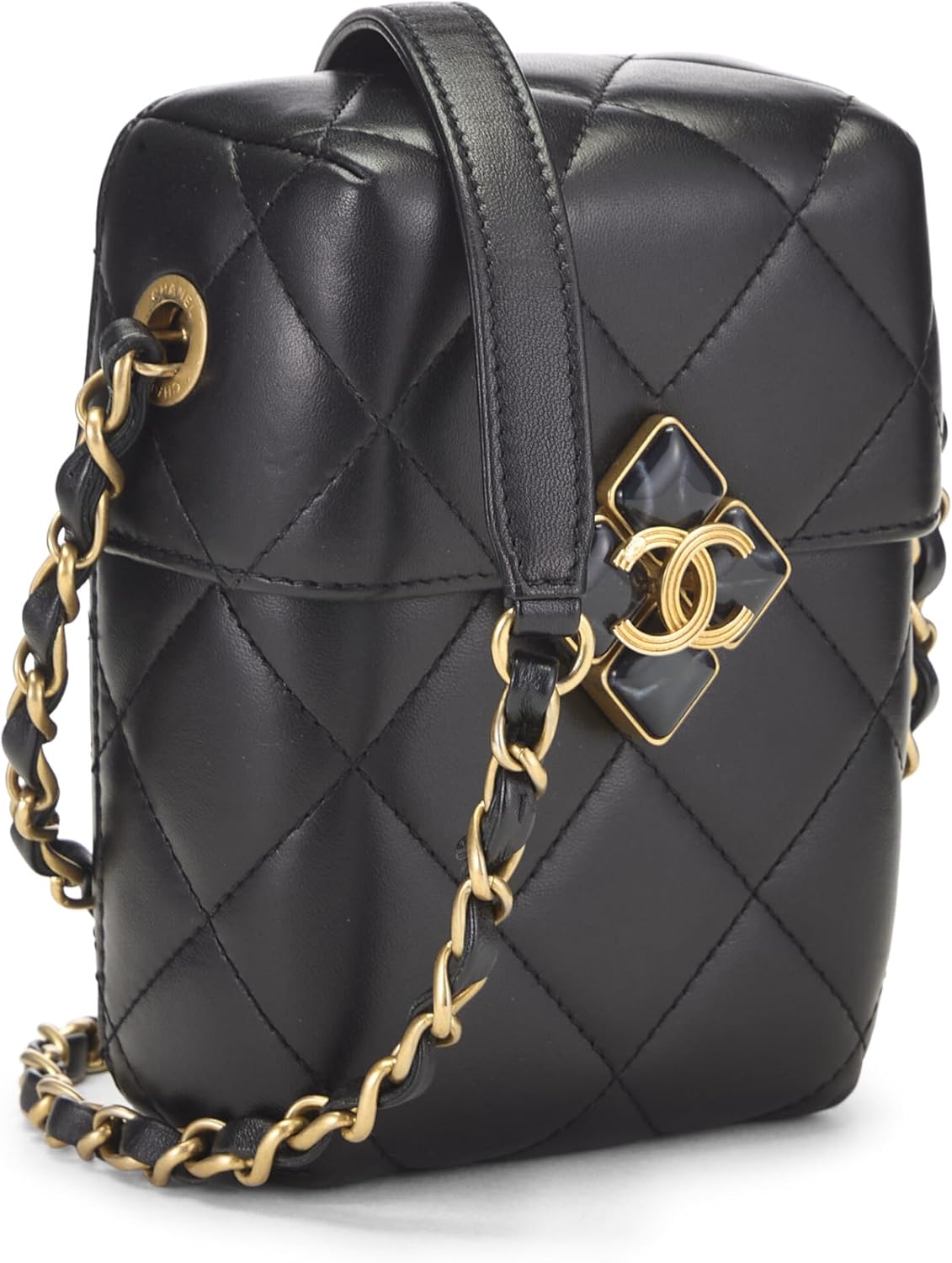 CHANEL PRE-LOVED BLACK LAMBSKIN DIAMOND LOCK PHONE HOLDER, BLACK
