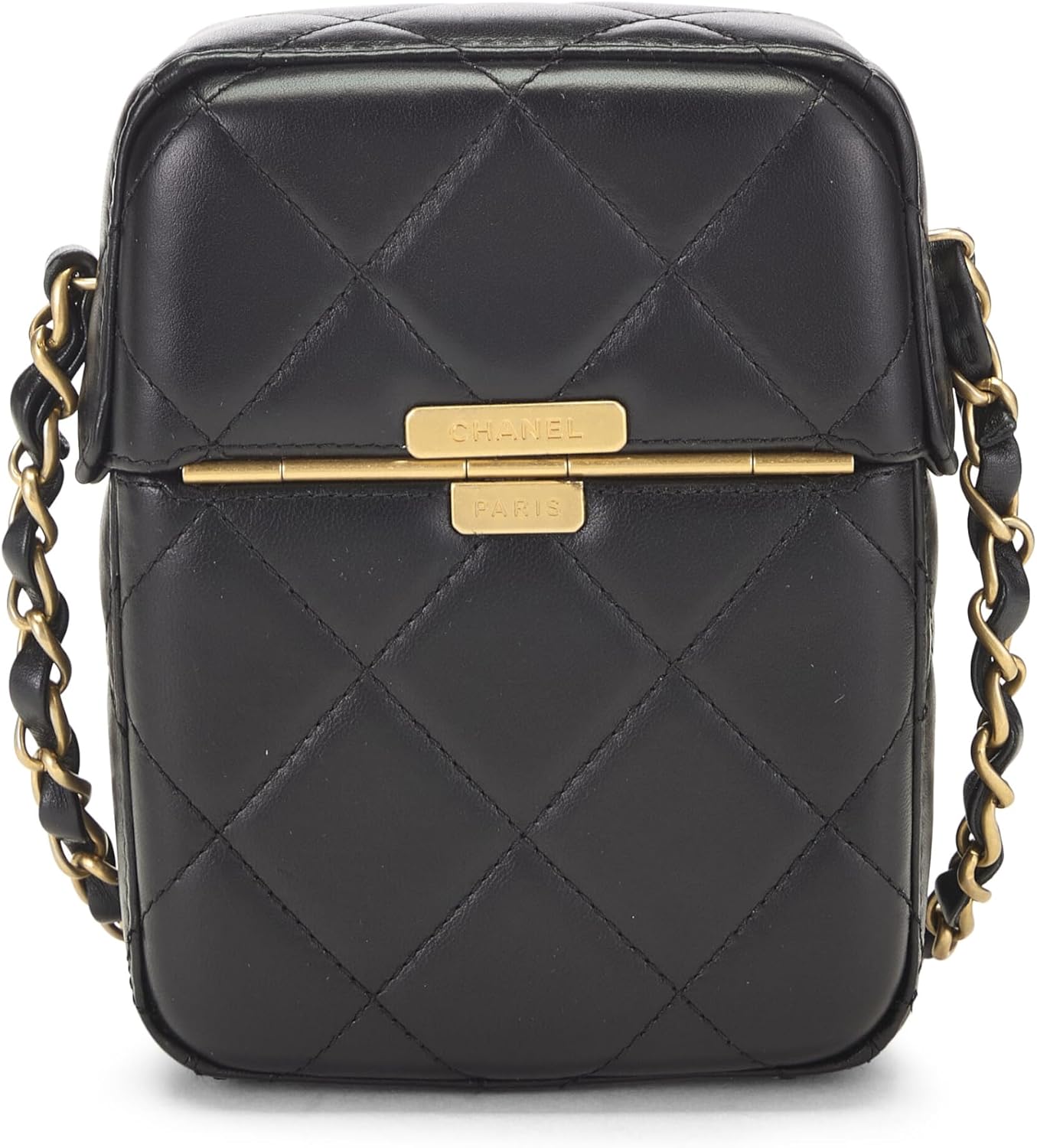 CHANEL PRE-LOVED BLACK LAMBSKIN DIAMOND LOCK PHONE HOLDER, BLACK