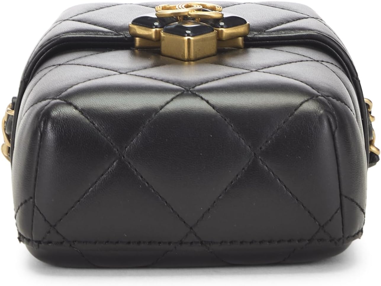 CHANEL PRE-LOVED BLACK LAMBSKIN DIAMOND LOCK PHONE HOLDER, BLACK