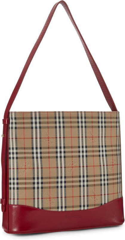 BURBERRY PRE-LOVED RED HAYMARKET CANVAS SHOULDER BAG SMALL, RED