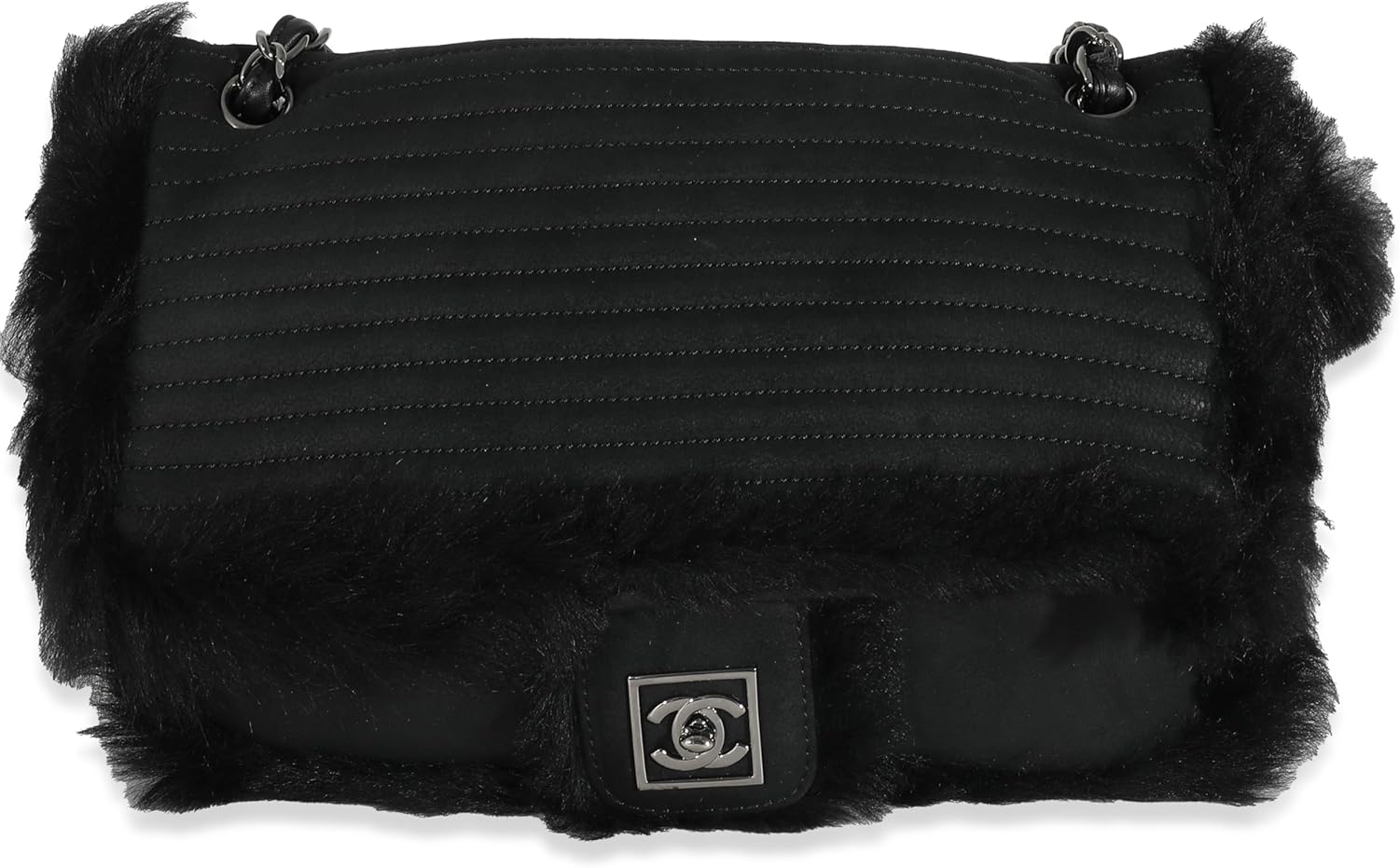 CHANEL PRE-LOVED BLACK HORIZONTAL STITCH SHEARLING CC FLAP BAG